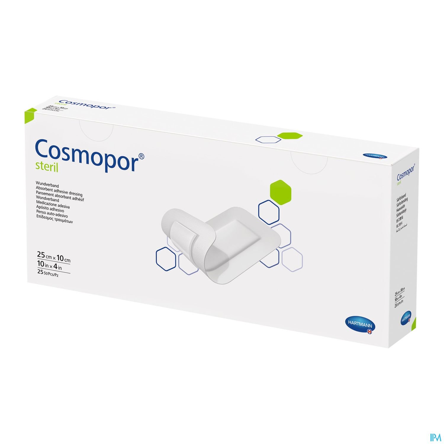 Packung mit Cosmopor® sterilen Wundauflagen in der Größe 25 cm x 10 cm, 25 Stück.