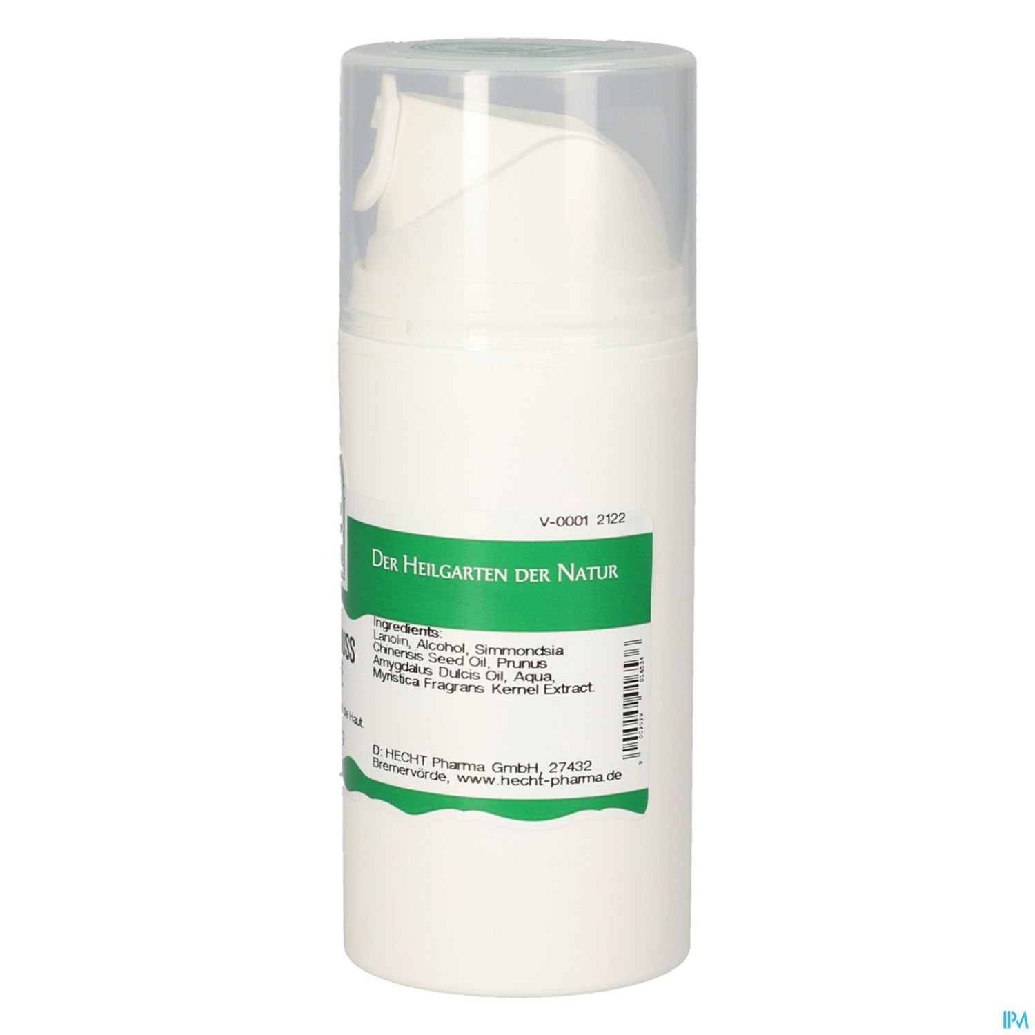 Flasche mit Pumpe, beschriftet mit "Der Heilgarten der Natur" und Inhaltsstoffen auf der Rückseite.