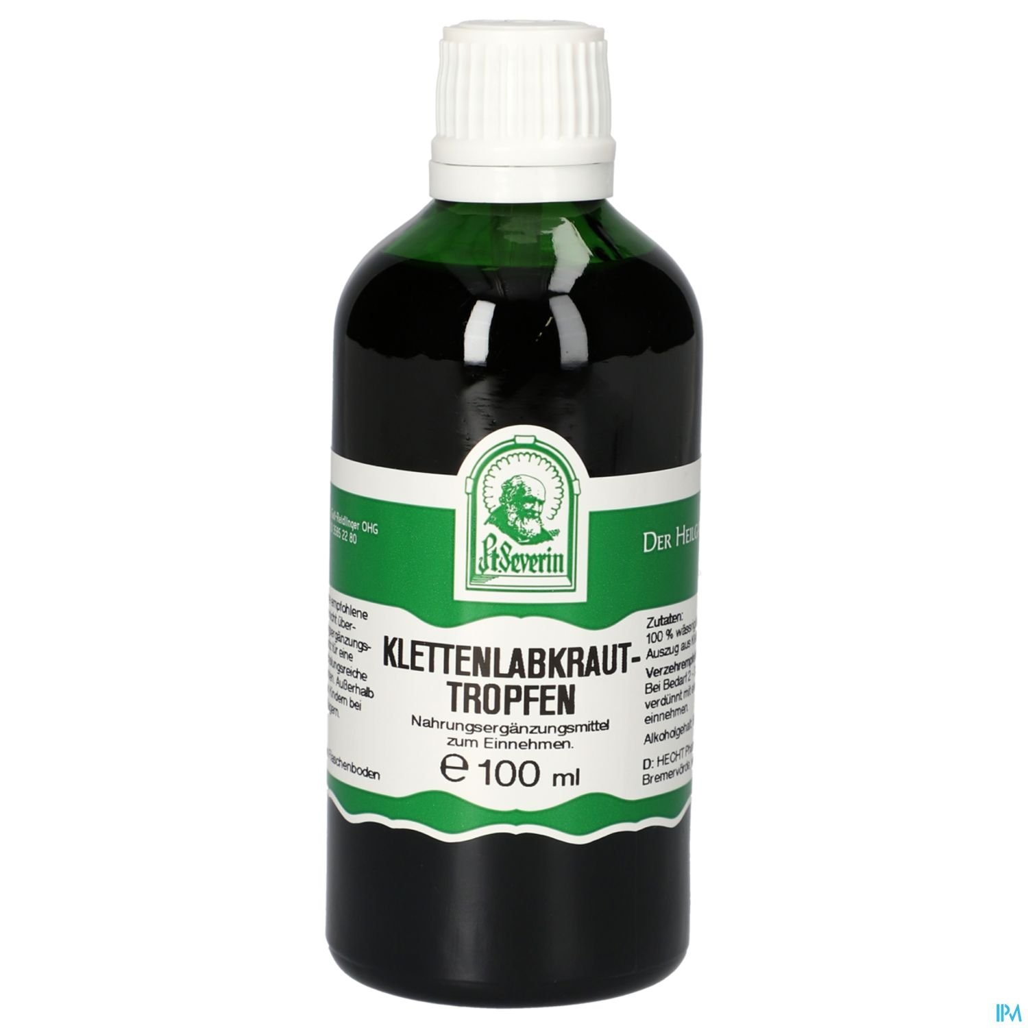 Flasche mit Klettenlabkraut-Tropfen, 100 ml, mit grünem Etikett und Informationen zu Inhaltsstoffen und Anwendung.