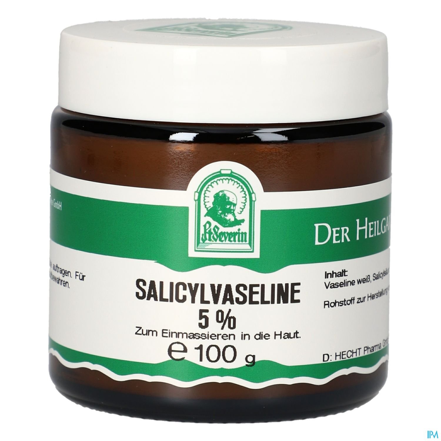 Braune Glasdose mit Salicylvaseline 5 % für die Hautpflege, 100 g Inhalt.