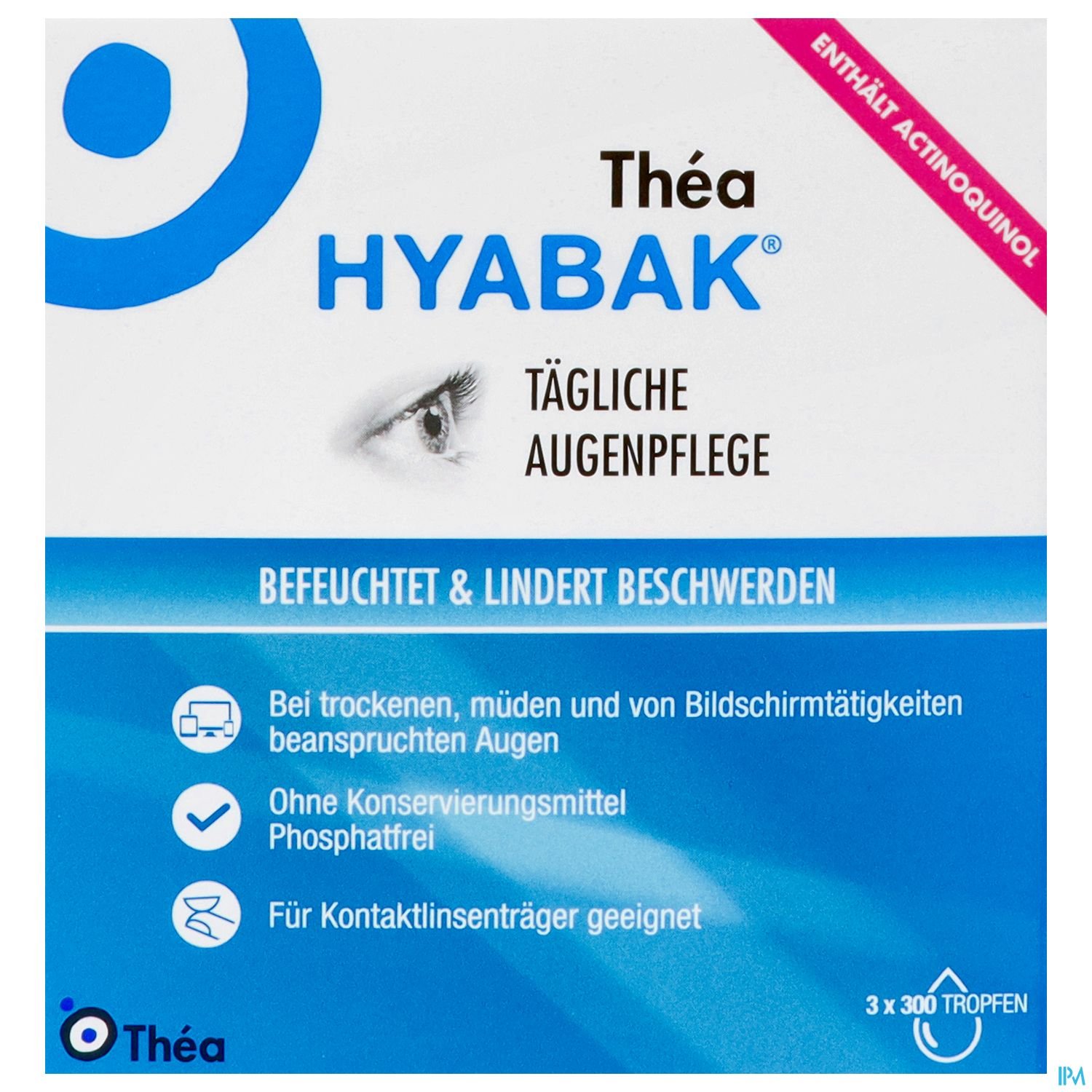 Verpackung des Produkts "Théa Hyabak", tägliche Augenpflege, mit dem Hinweis auf die Anwendung bei trockenen Augen und ohne Konservierungsmittel.