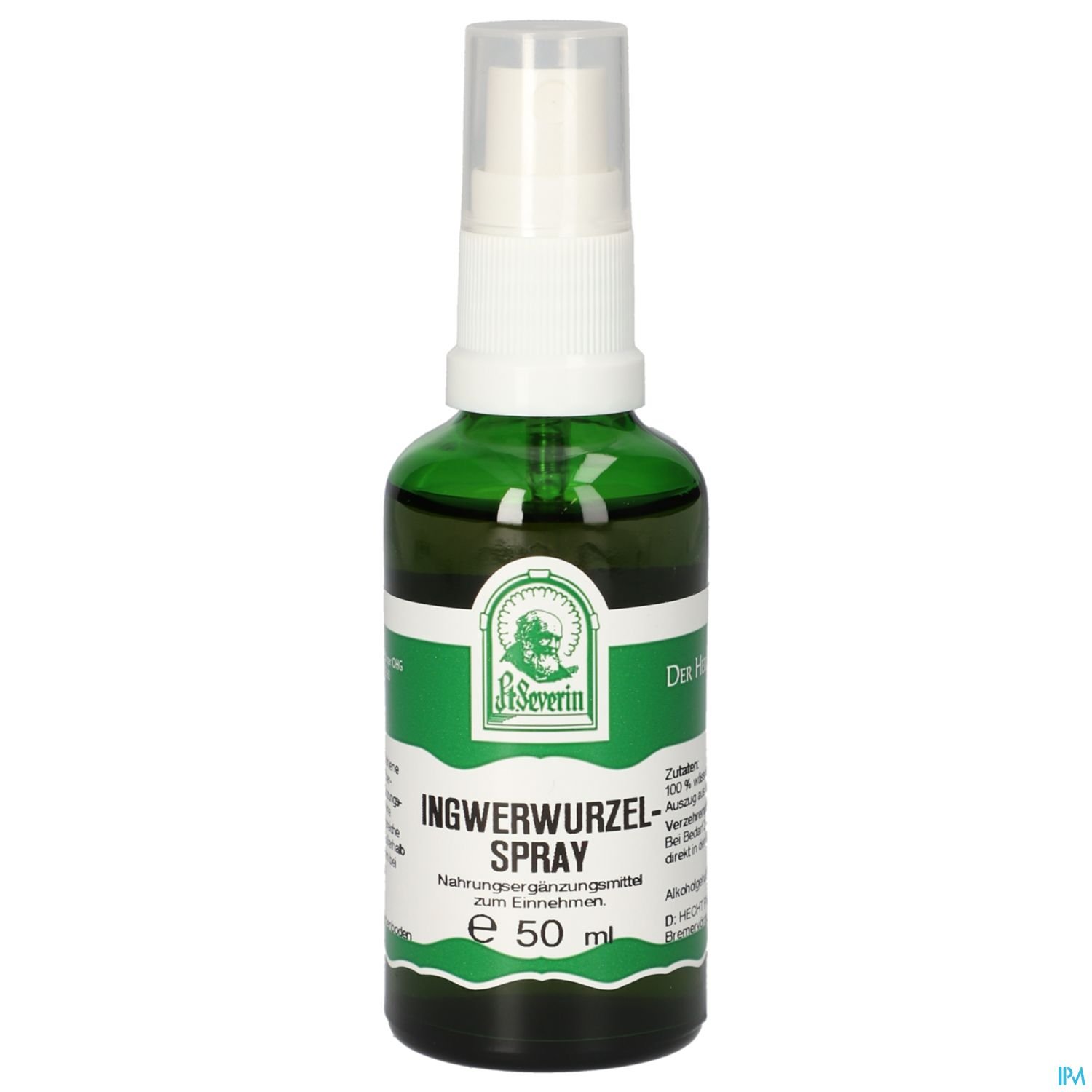 Grünes Sprayfläschchen mit weißem Sprühkopf und Etikett, das "Ingwerwurzel-Spray" und die Inhaltsangabe zeigt. Inhalt: 50 ml.