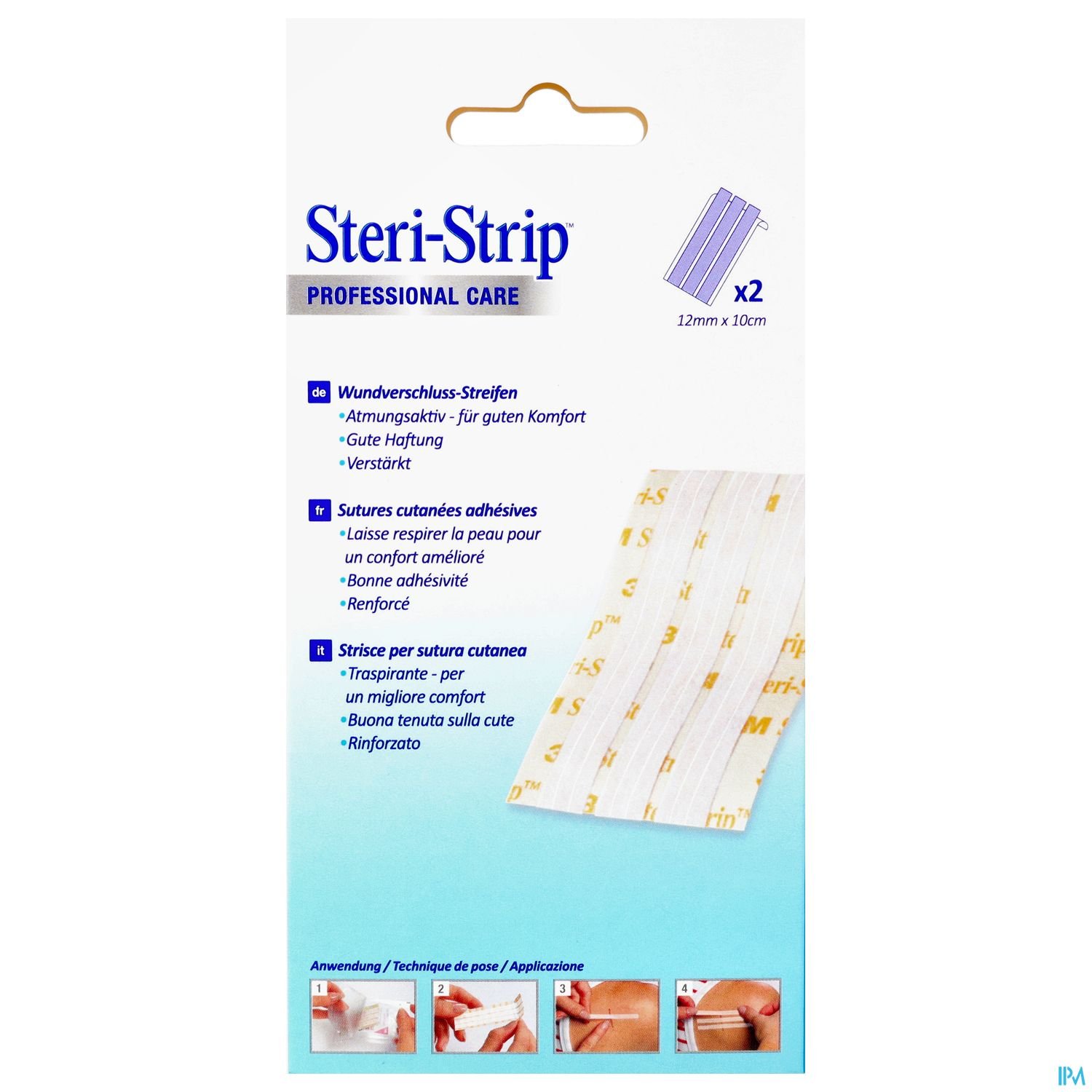 Packung mit zwei Steri-Strips zur Wundversorgung, mit Informationen zu Nutzung und Komfort.