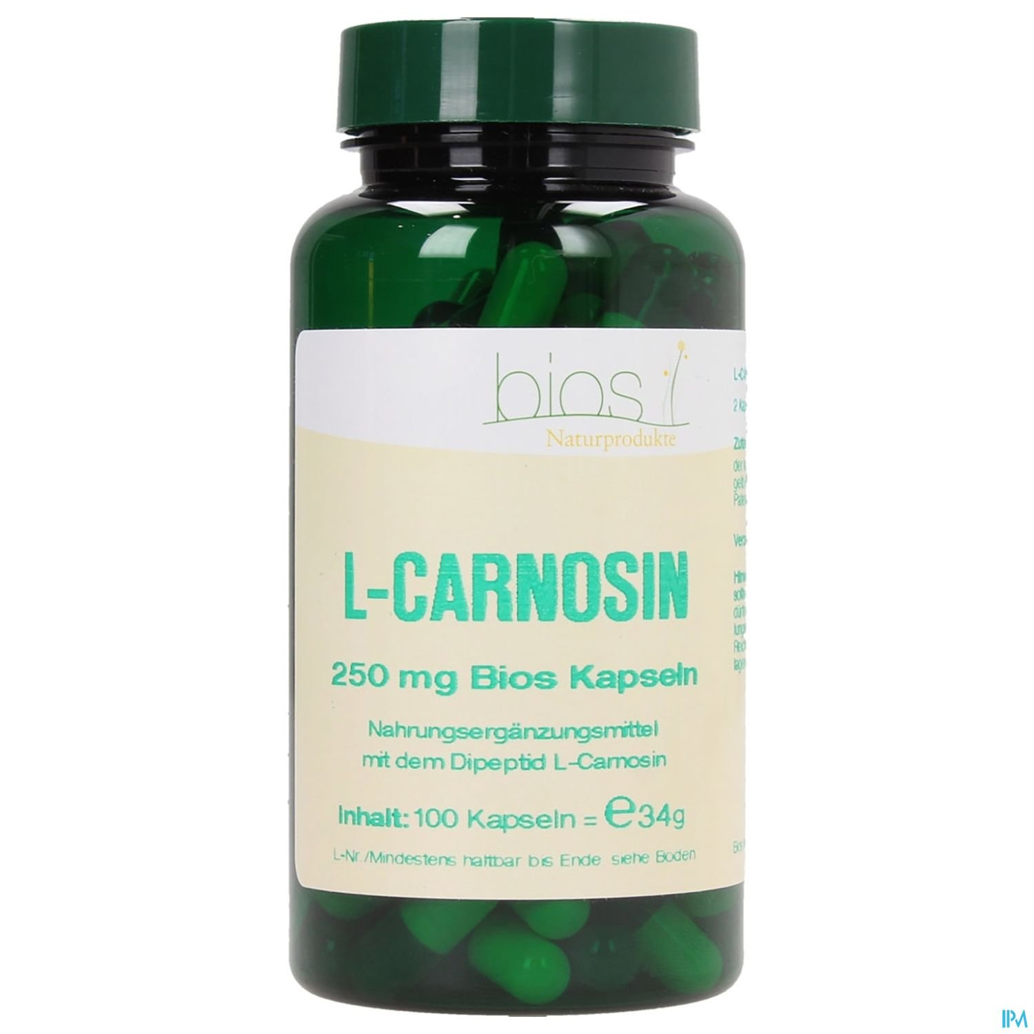 Schwarze Flasche mit grünen Kapseln, Etikett zeigt "L-Carnosin", 250 mg, 100 Kapseln.