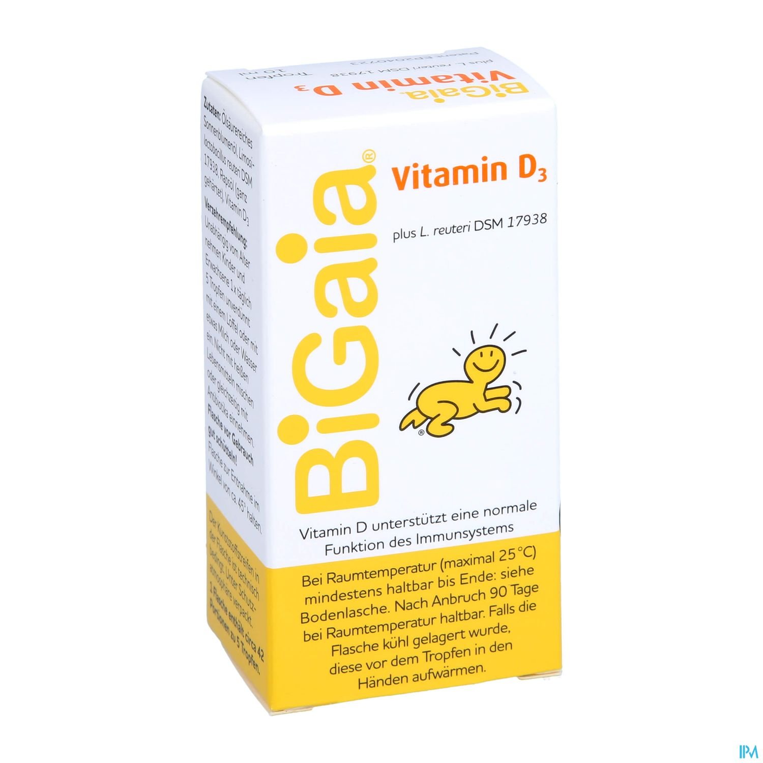 Verpackung von BiGaia Vitamin D3 mit Abbildung eines fröhlichen Kindes und Produktinformationen.