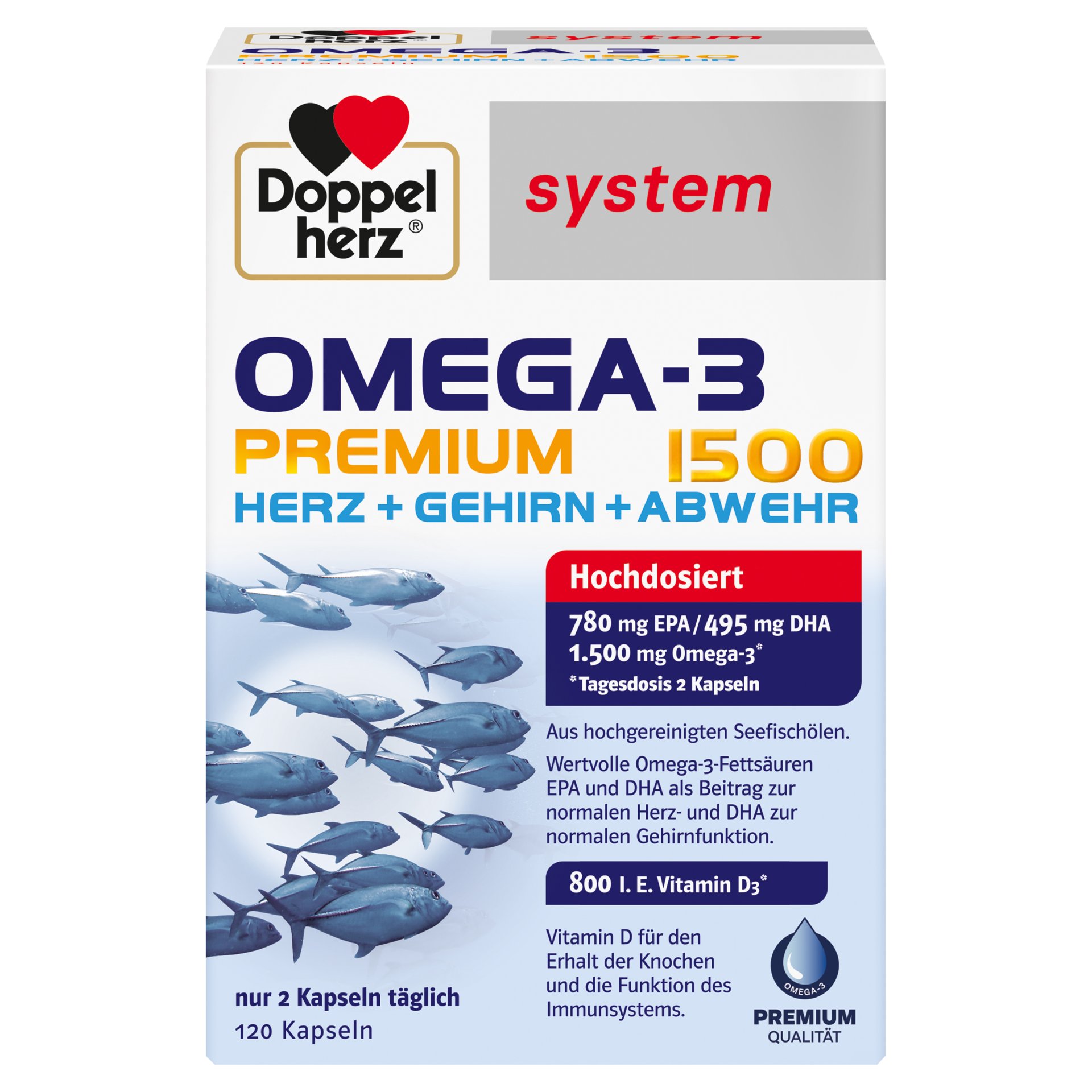 Packung des Nahrungsergänzungsmittels Doppelherz Omega-3 Premium 1500 mit 120 Kapseln, versehen mit Angaben zu Inhaltsstoffen und Einnahmeempfehlung.