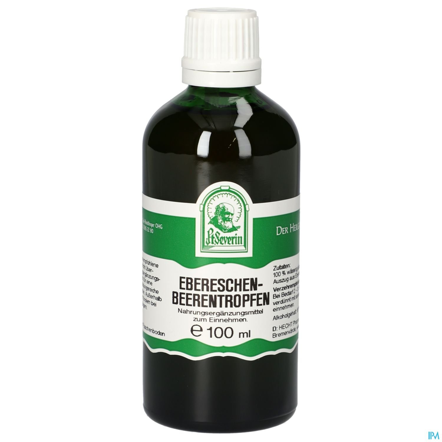 Flasche mit Ebereschenbeerenextrakt, 100 ml, mit grünem Etikett und weißen Beschriftungen.