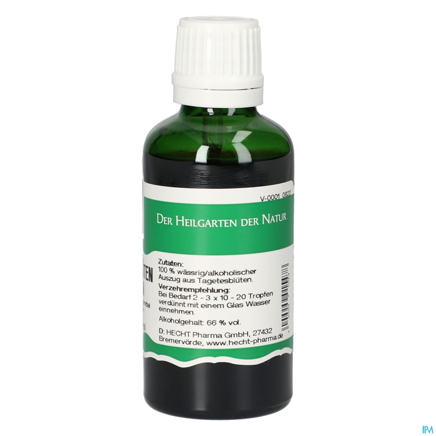 Grüne Flasche mit weißem Verschluss und Etikett, darauf steht "Der Heilgarten der Natur" sowie Hinweise zu Inhaltsstoffen und Verzehrempfehlung.