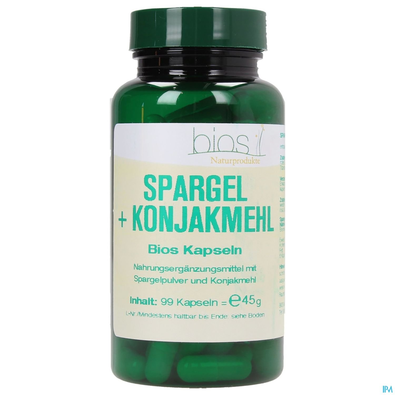 Grüne Kapseln in einem schwarzen Behälter mit der Aufschrift "Spargel + Konjakmehl" und Informationen zu Inhalt und Preis.