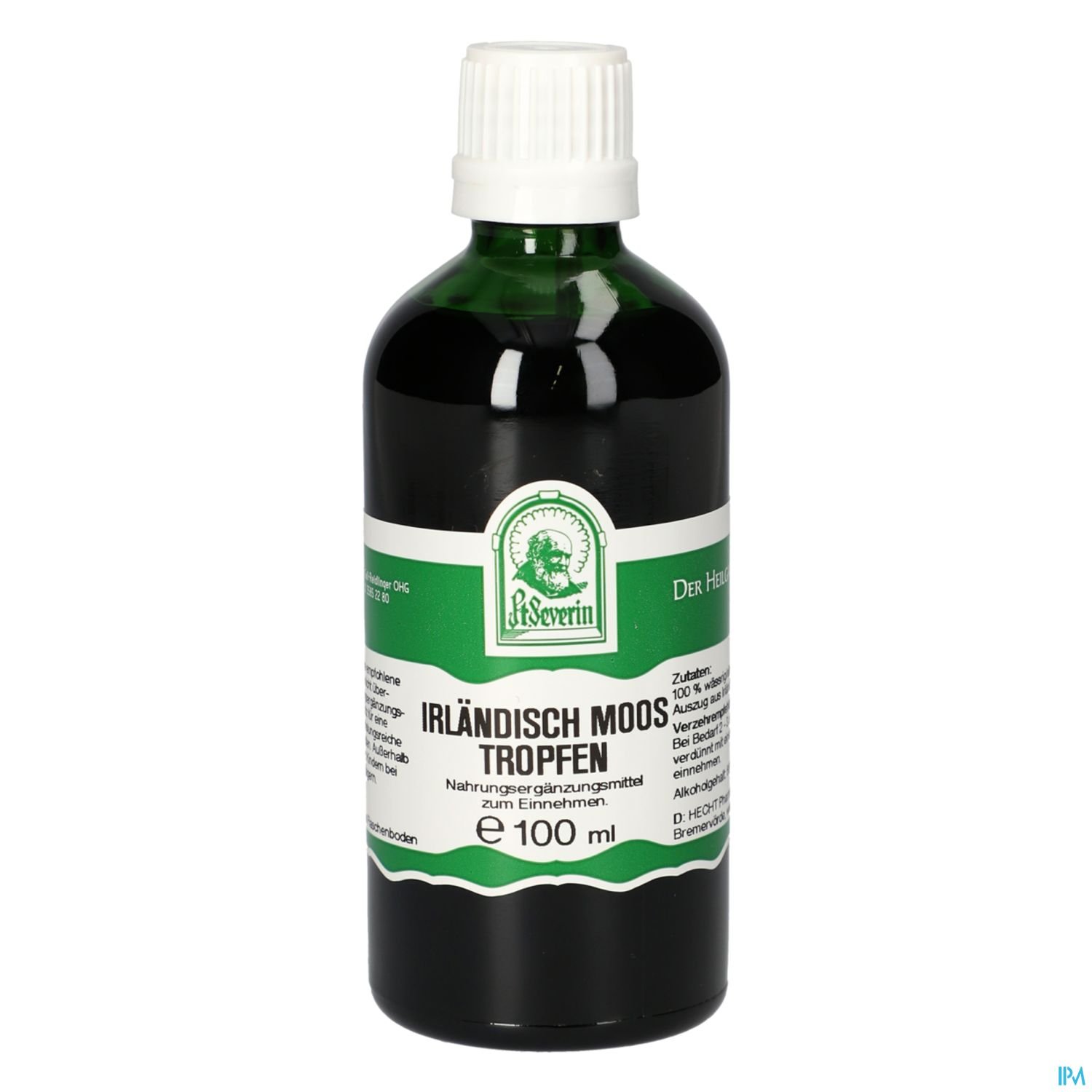 Flasche mit irischem Moos-Tropfen, 100 ml, mit grüner und weißer Etikettierung und Informationen zur Anwendung.