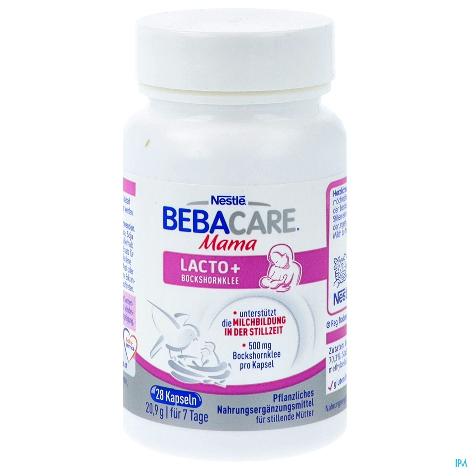 Weißes Fläschchen mit lila und pinken Akzenten, beschriftet mit "BEBACARE Mama LACTO+", das 28 Kapseln mit 500 mg Bockshornkleesamen pro Kapsel enthält und zur Unterstützung der Milchbildung in der Stillzeit gedacht ist.