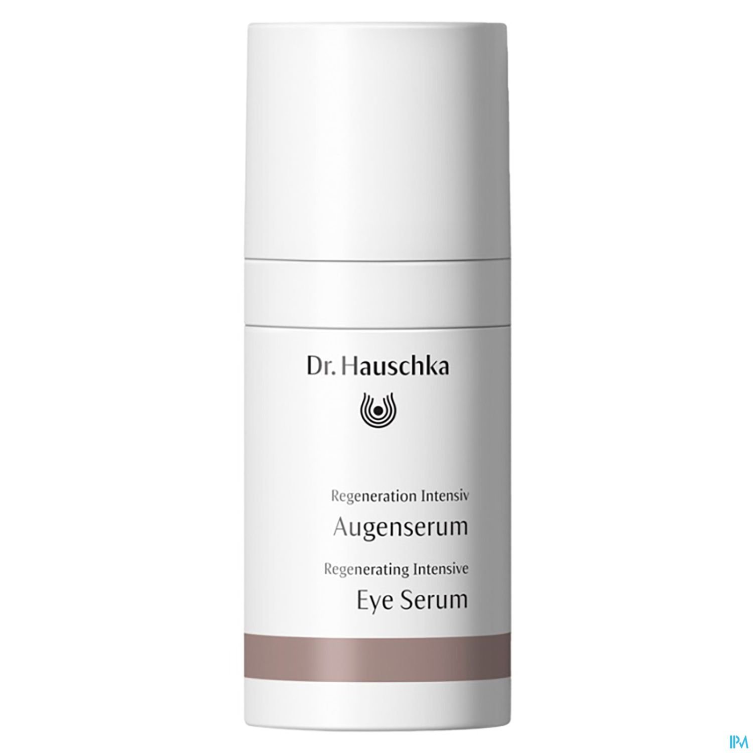 Flasche mit Dr. Hauschka Augenserum, Beschriftung "Regeneration Intensiv" auf einer weißen Verpackung.