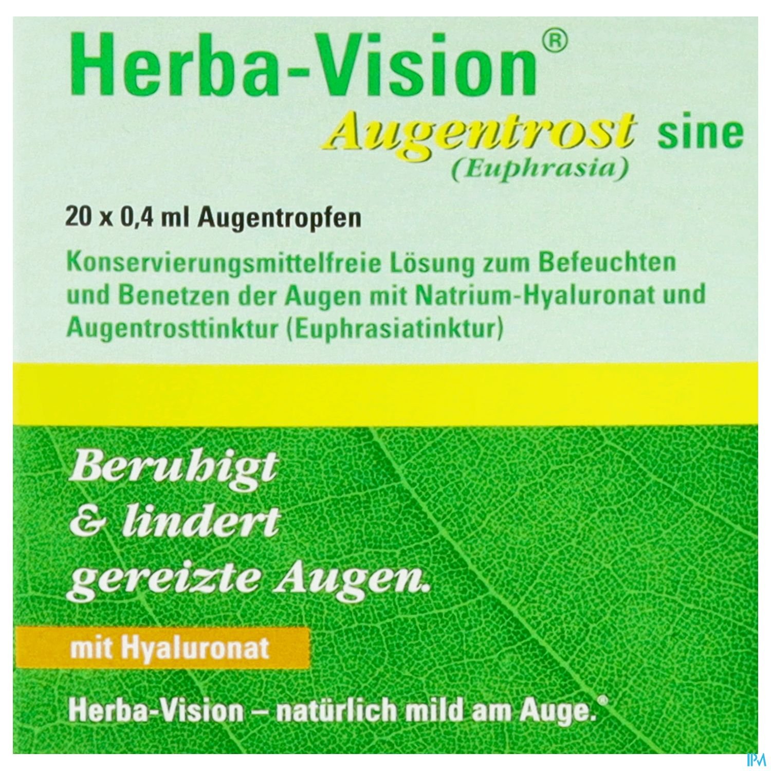 Produktverpackung von Herba-Vision Augentrost mit dem Hinweis auf die Inhaltsstoffe und Anwendungshinweise.