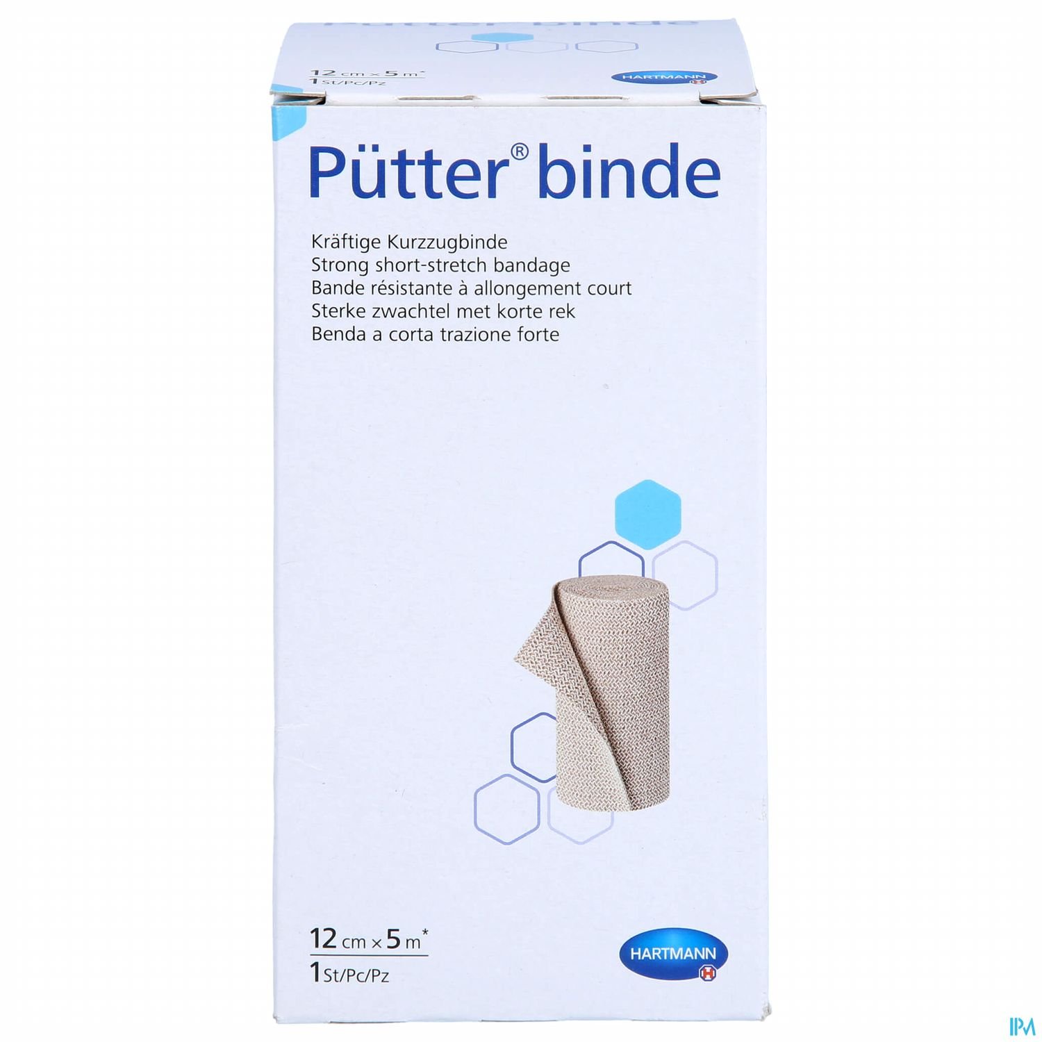 Verpackung einer Pütterbinde, einer starken Kurzzugbandage, mit beschreibendem Text und Abmessungen.