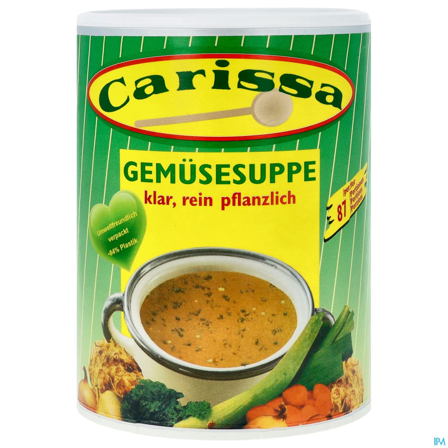 Dose mit Carissa Gemüsebrühe, grüne Verpackung, Produktbeschreibung: "Gemüsesuppe, klar, rein, pflanzlich".