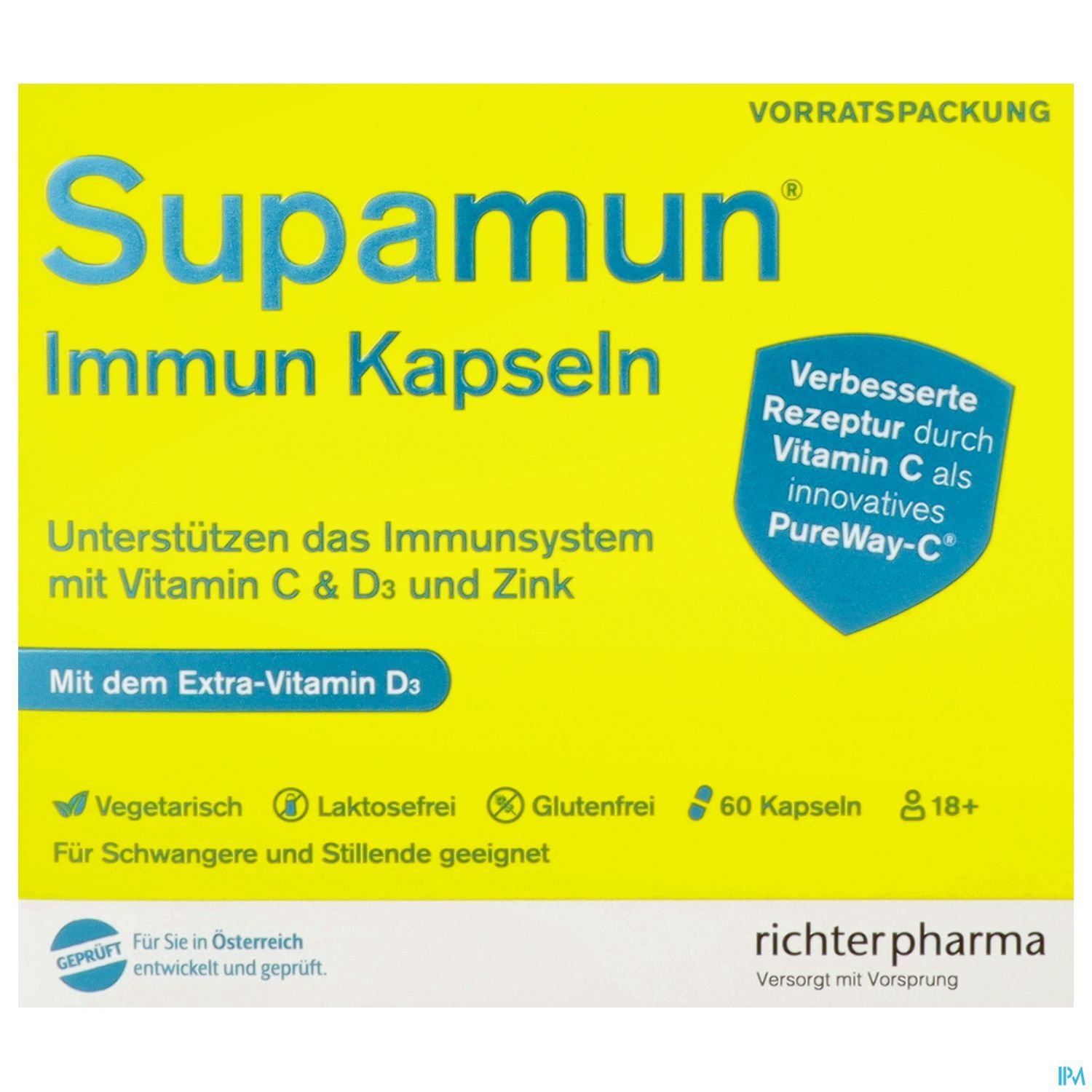 Packung mit Supamun Immun Kapseln, die das Immunsystem unterstützen und Vitamin C, D3 und Zink enthalten. Vegetarisch, laktosefrei und glutenfrei. 60 Kapseln.