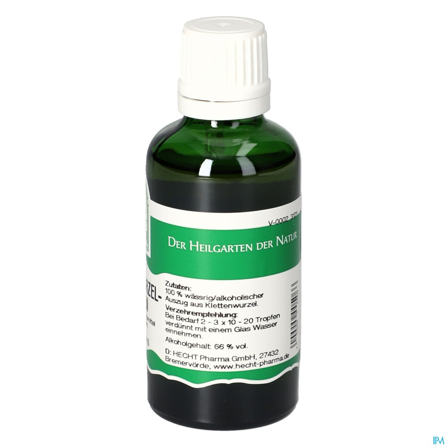 Grüne Flasche mit Verschluss und Etikett, beschriftet mit "Der Heilgarten der Natur" und Angaben zu Inhaltsstoffen und Anwendung.