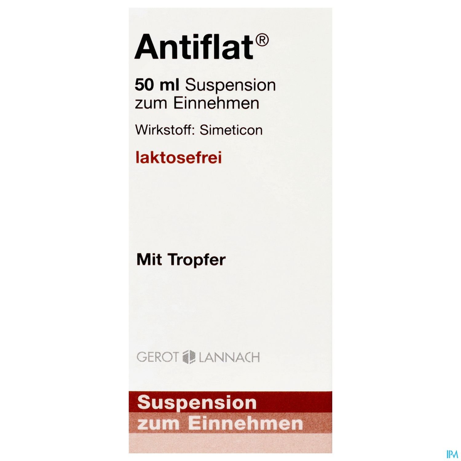 Packungsdesign von Antiflat® 50 ml Suspension zum Einnehmen mit Simeticon, laktosefrei, inklusive Tropfer.