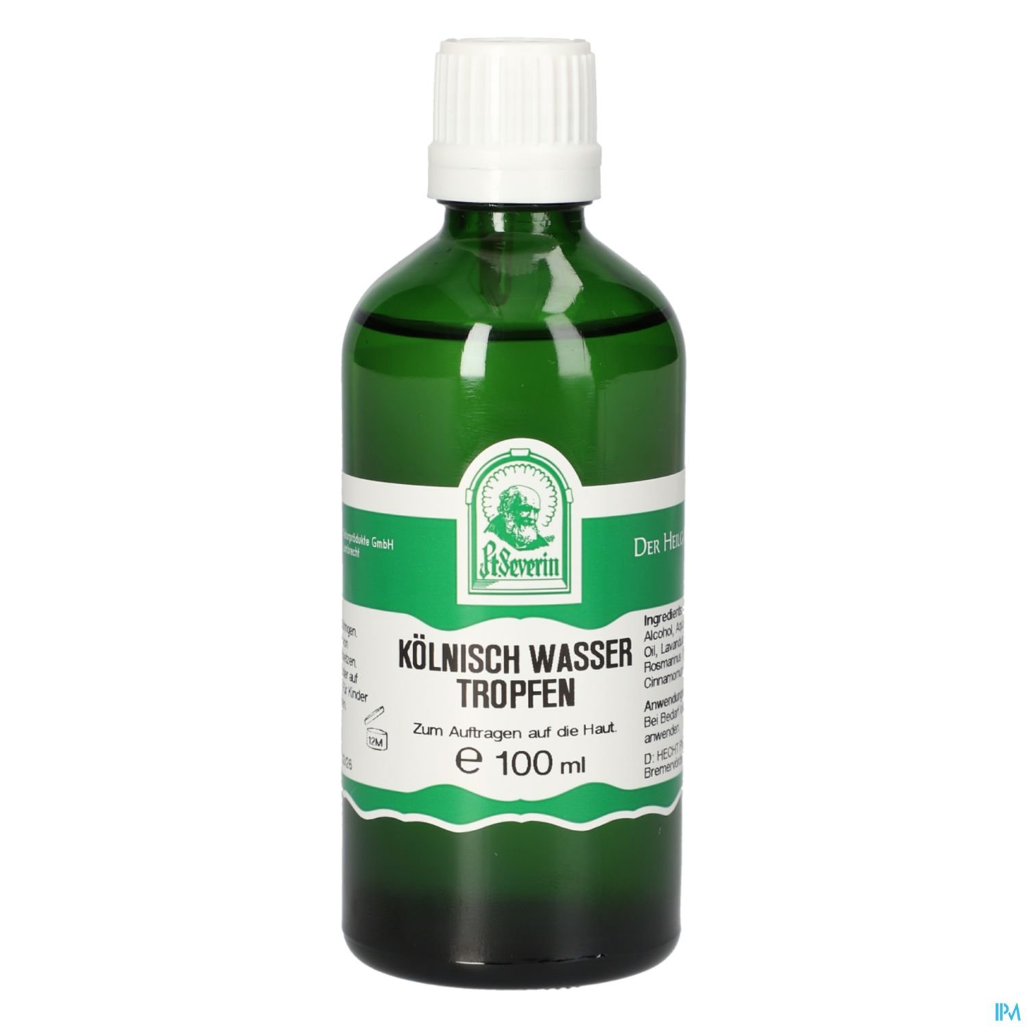Grüne Flasche mit Kölner Wasser Tropfen, 100 ml, zur Anwendung auf der Haut.
