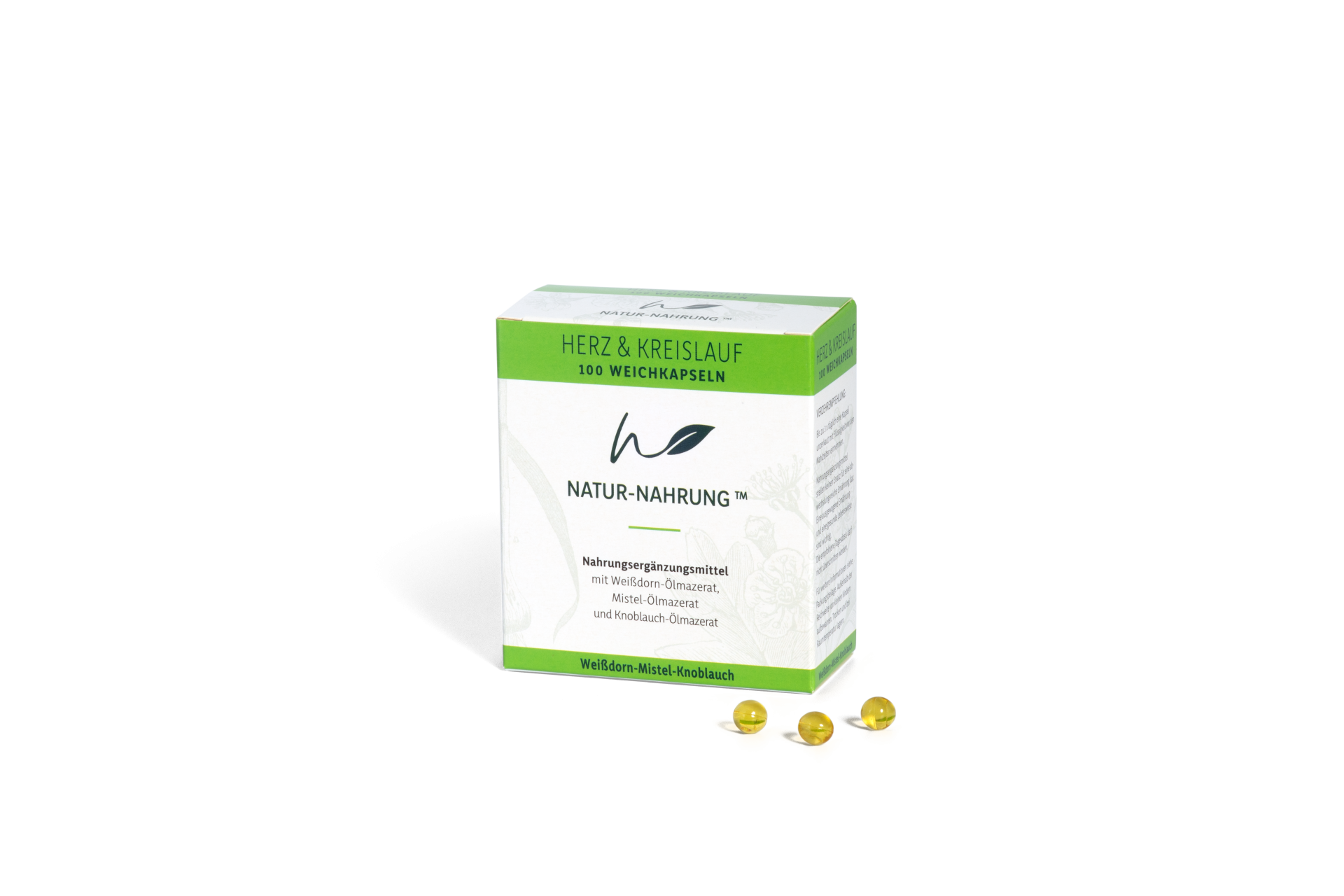 Produktpackung für Nahrungsergänzungsmittel "Natur-Nahrung" mit drei gelben Kapseln.