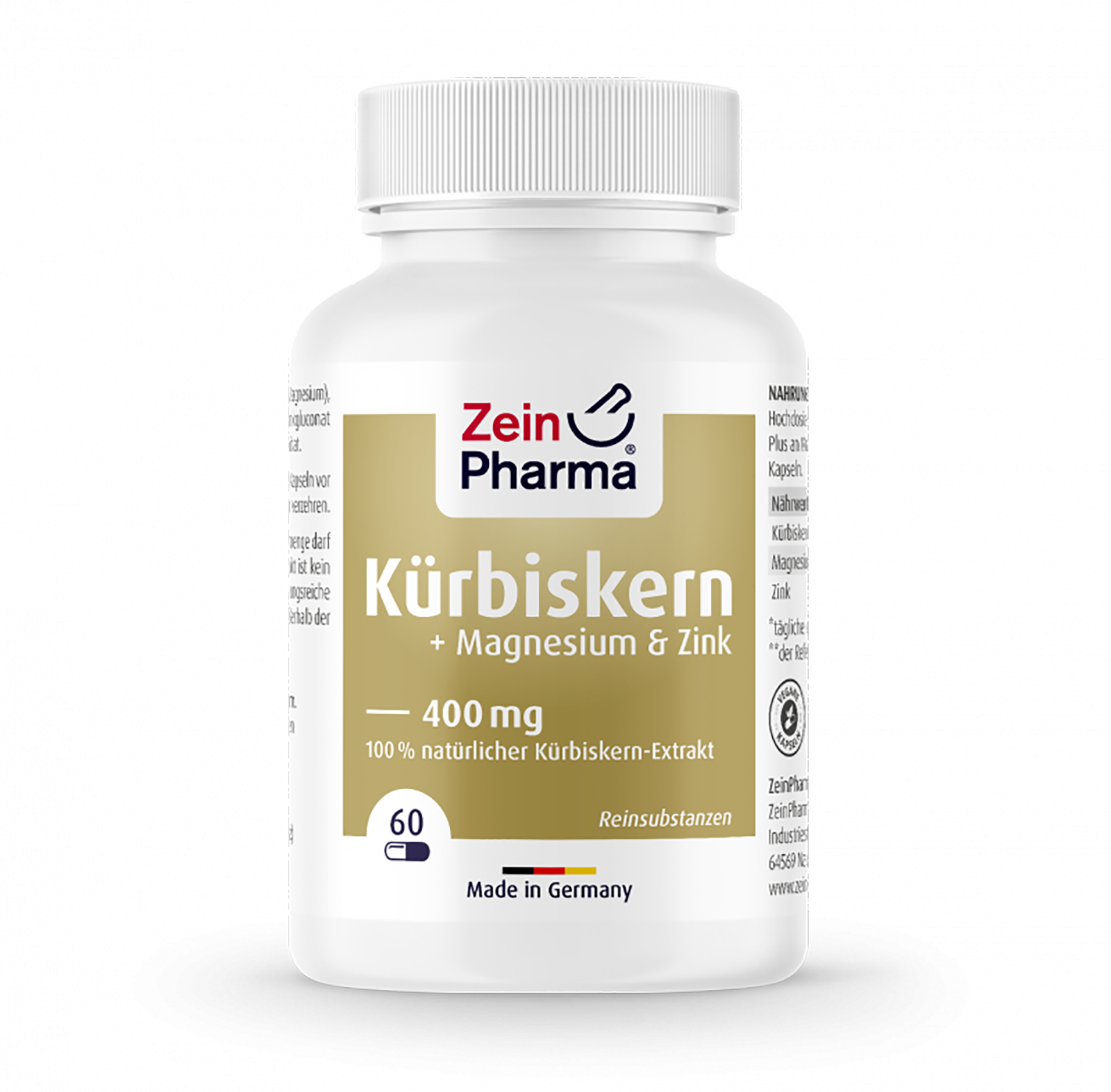 Weißes Nahrungsergänzungsmittel-Fläschchen mit gelbem Etikett, beschriftet mit "Kürbiskern + Magnesium & Zink", 400 mg, 60 Kapseln, hergestellt in Deutschland.