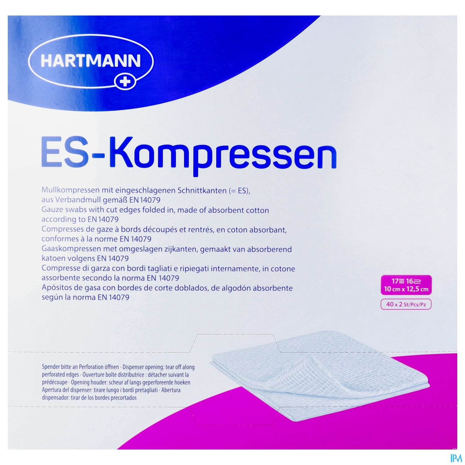 Packung von HARTMANN mit ES-Kompressen, Beschreibung und Produkthinweise in deutscher Sprache.