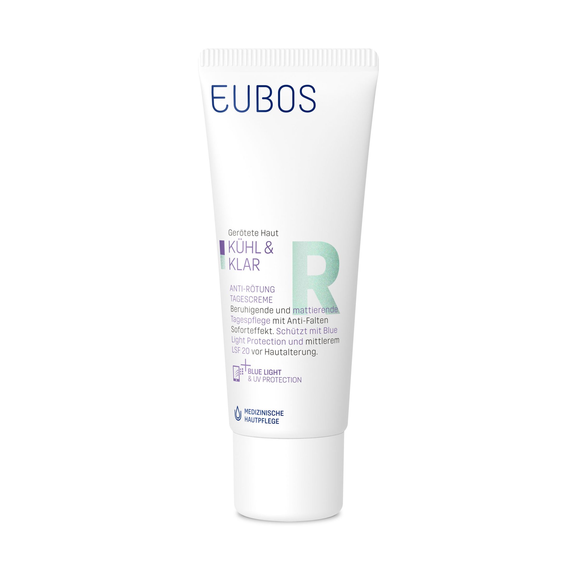 Eine Tube der EUBOS KÜHL & KLAR Anti-Rötung Pflegecreme mit Beschreibung und Logo.