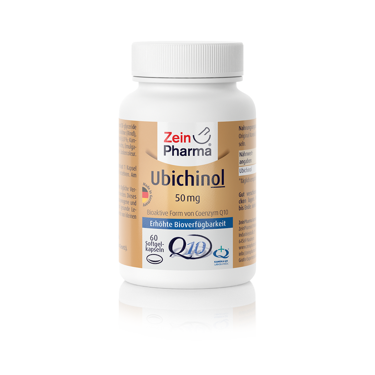 Weißes Tablettenfläschchen mit goldener und blauer Etikettierung, das Ubichinol 50 mg von Zein Pharma zeigt.