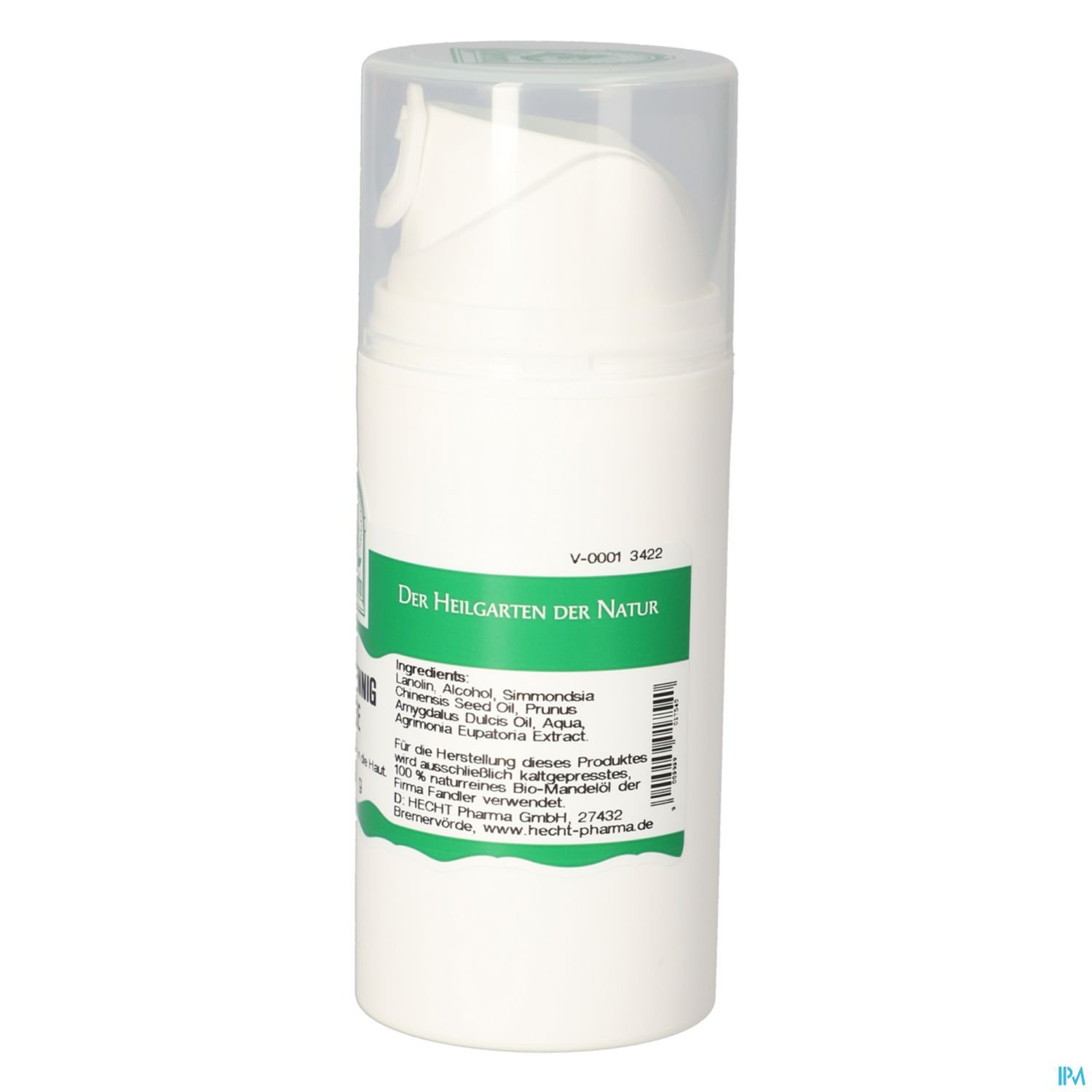 Weißer Flakon mit Pumpverschluss, beschriftet mit „Der Heiliggarten der Natur“ und Zutatenliste auf der Rückseite.
