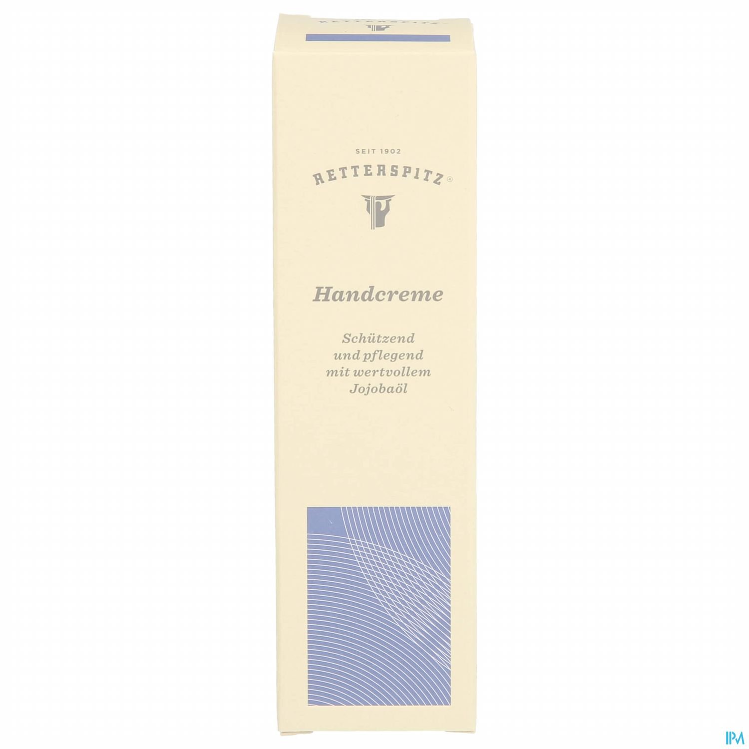 Handcreme von Retterspitz, verpackt in einer gelben Tube mit blauen Designelementen und der Aufschrift "Schützend und pflegend mit verteiltem Jojobao".