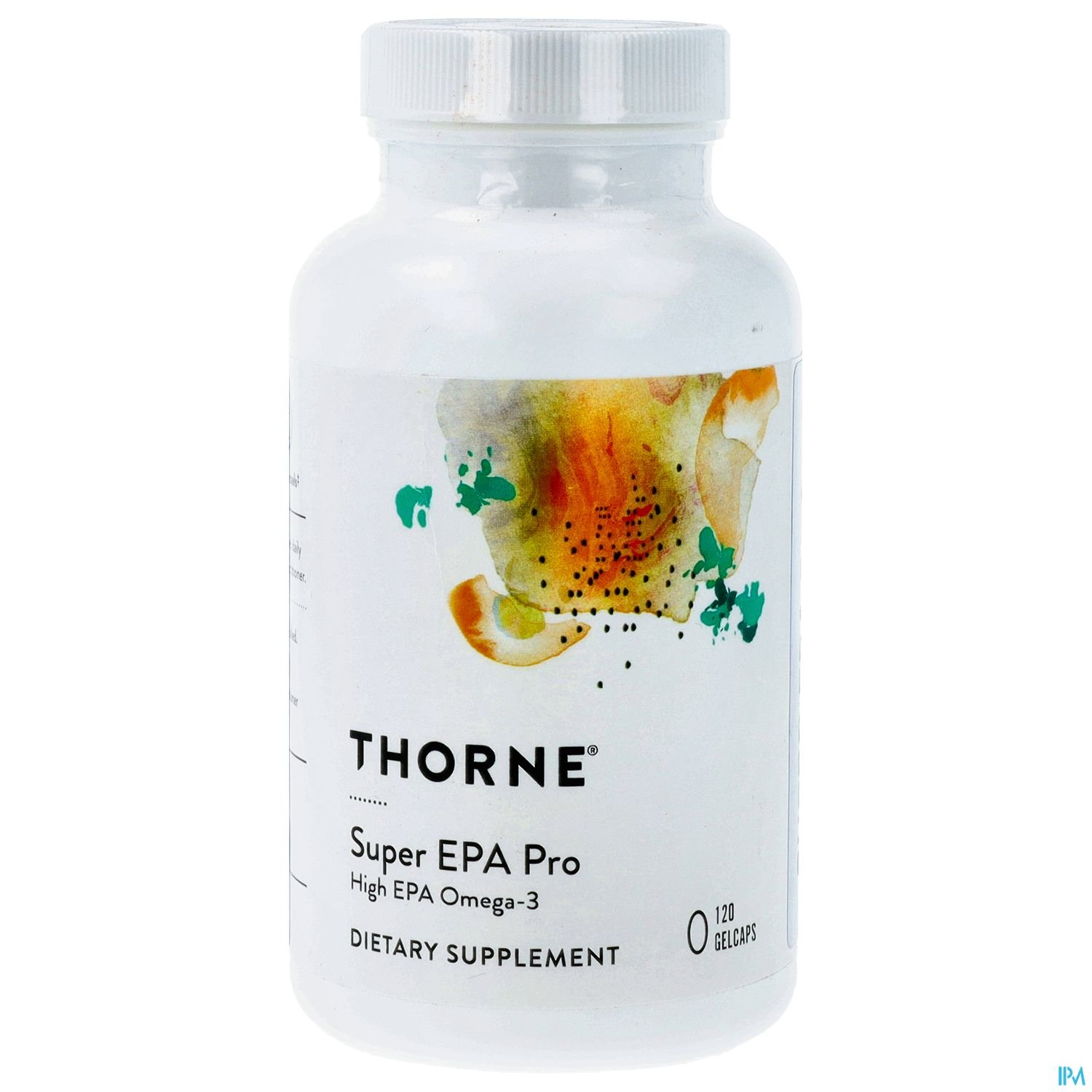 Flasche mit Nahrungsergänzungsmittel „Super EPA Pro“ von Thorne, enthält Omega-3-Fettsäuren, 120 Kapseln.