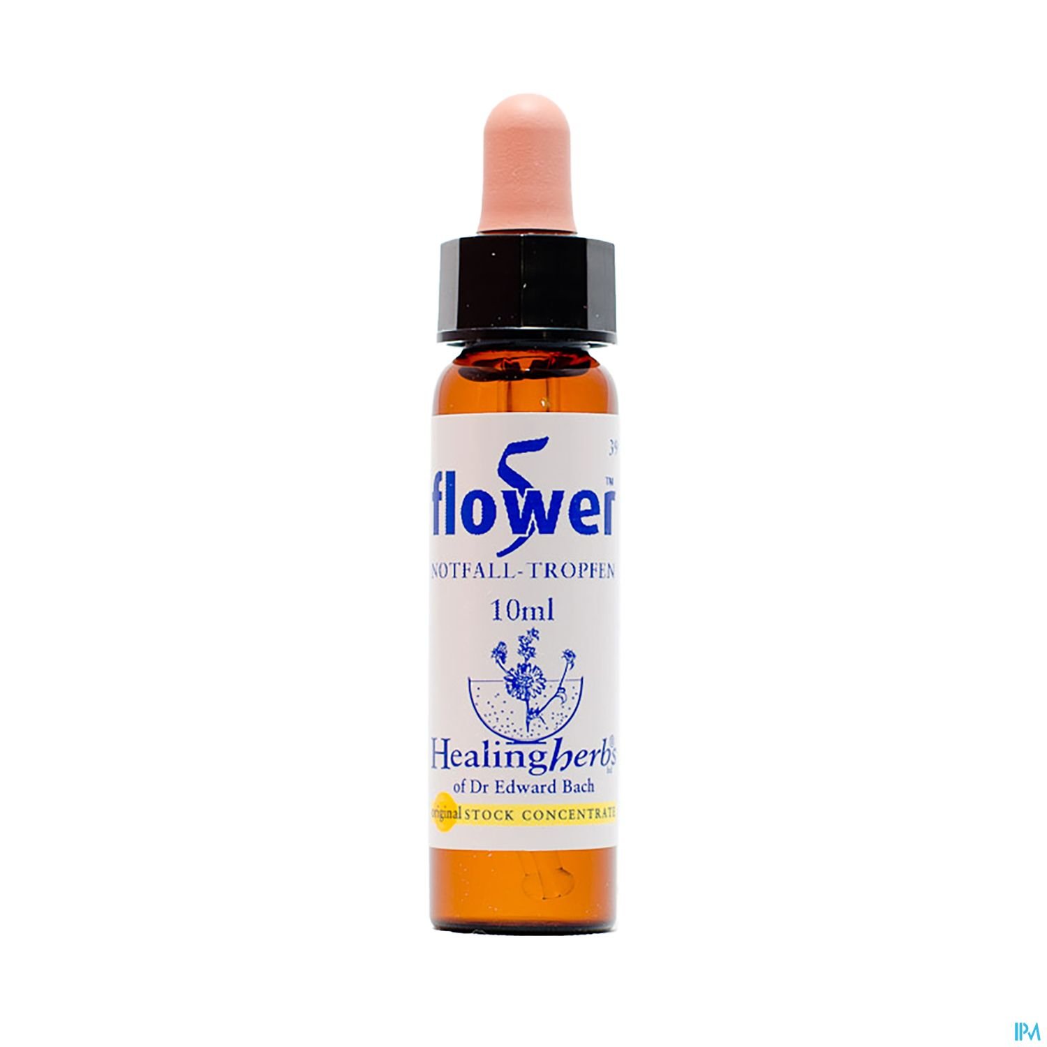 Braunflasche mit Pipette, beschriftet mit „flower Notfall-Tropfen 10ml Healing Herbs von Dr. Edward Bach“.