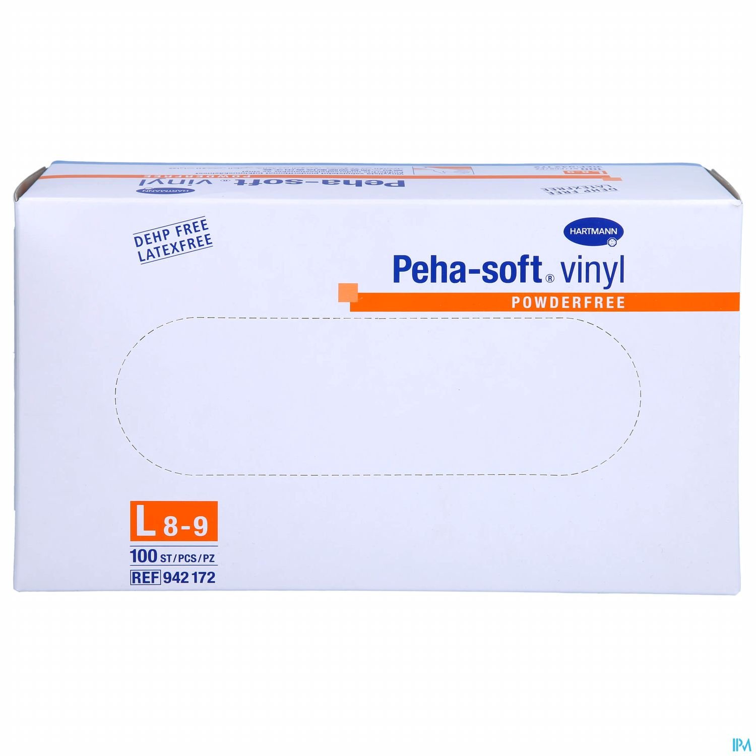 Packung mit Peha-soft Vinylhandschuhen, puderfrei, Größe L (8-9), 100 Stück.