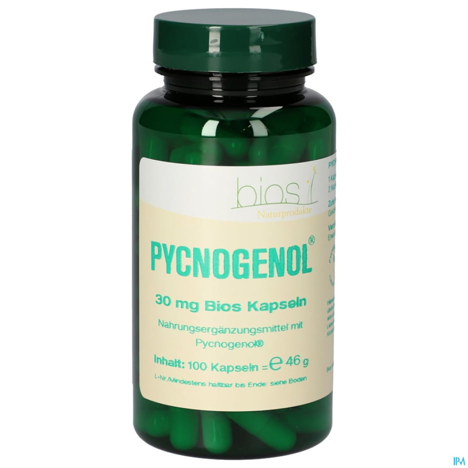 Grüne Kapselpackung mit der Aufschrift "PYCNOGENOL® 30 mg Bios Kapseln", 100 Kapseln, Preis 46 €.