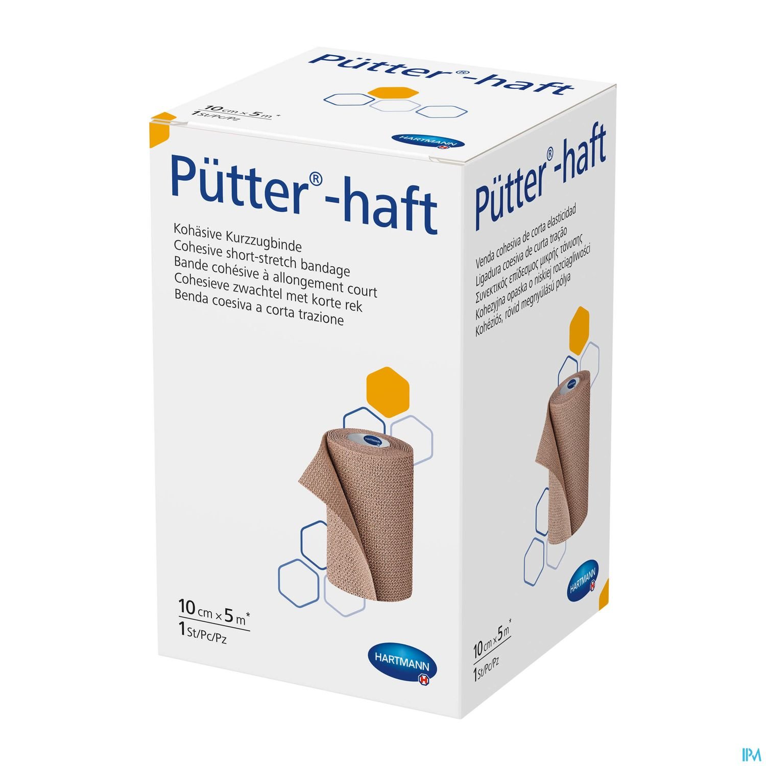 Verpackung einer kohäsiven Kurzzeitbinde "Pütter-haft" in der Größe 10 cm x 5 m.