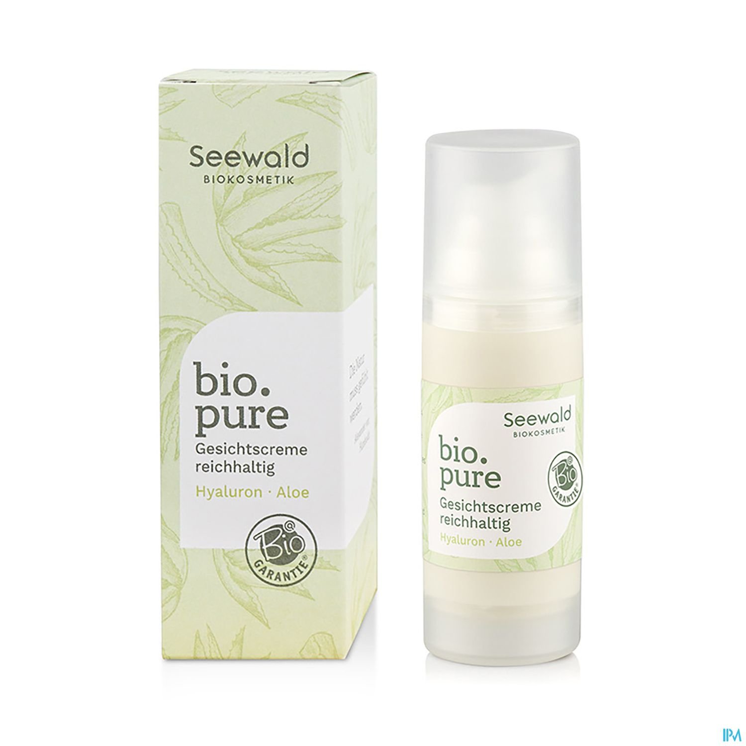 Gesichtspflegeprodukt „bio.pure“ von Seewald in einer Verpackung aus Recyclingmaterial, mit den Hauptinhaltsstoffen Hyaluron und Aloe.