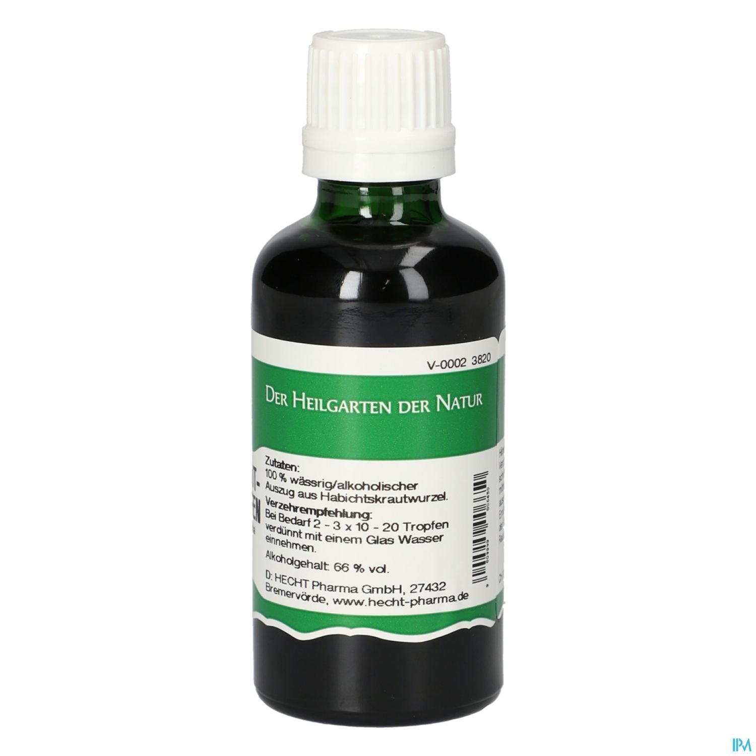 Braunglasflasche mit grünem Etikett und weißem Deckel, beschriftet mit "Der Heilgarten der Natur" und einer Zutatenliste.