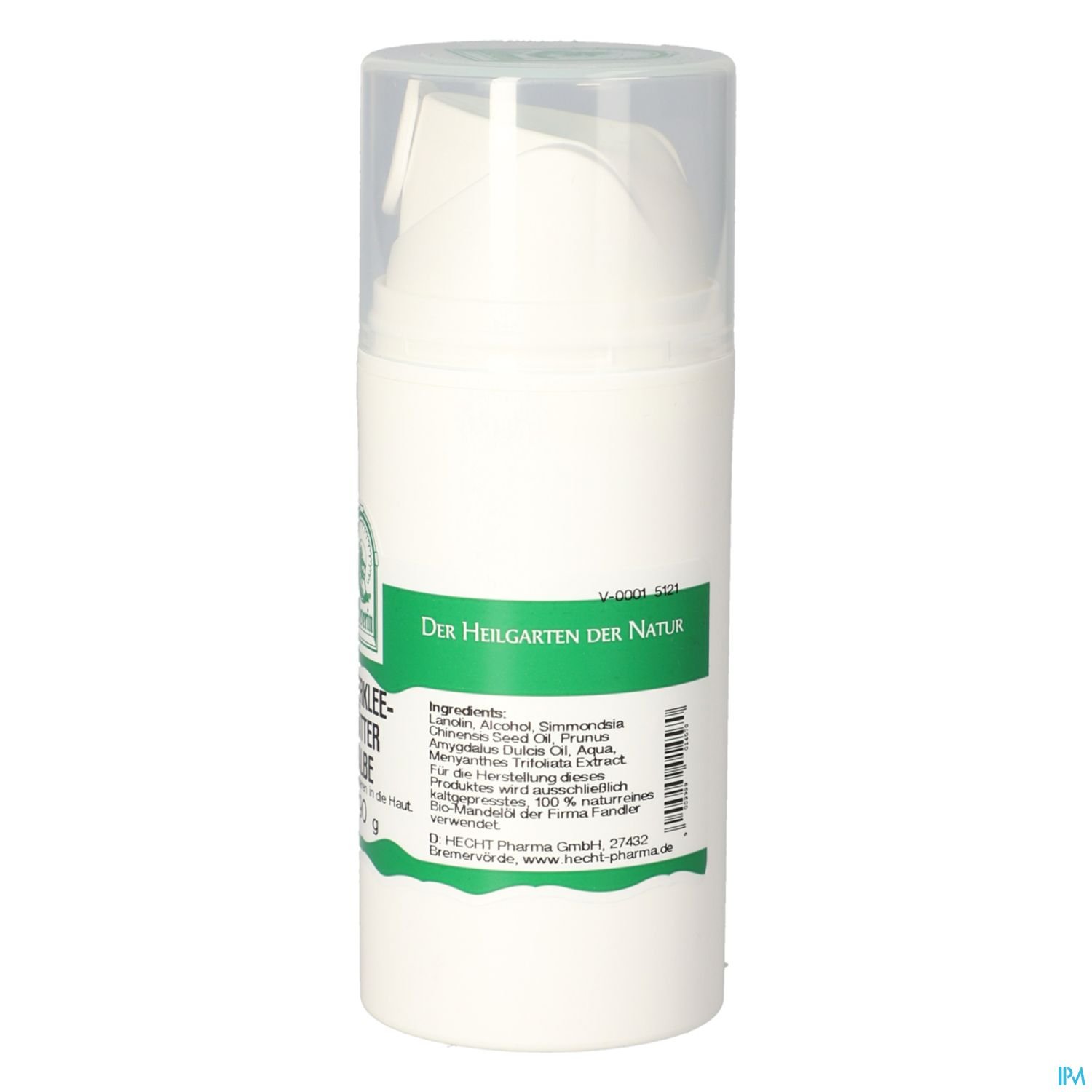 Weißer Pumpbehälter mit grünem Etikett und der Aufschrift "Der Heiliggarten der Natur", Informationen zu Inhaltsstoffen auf der Rückseite sichtbar.
