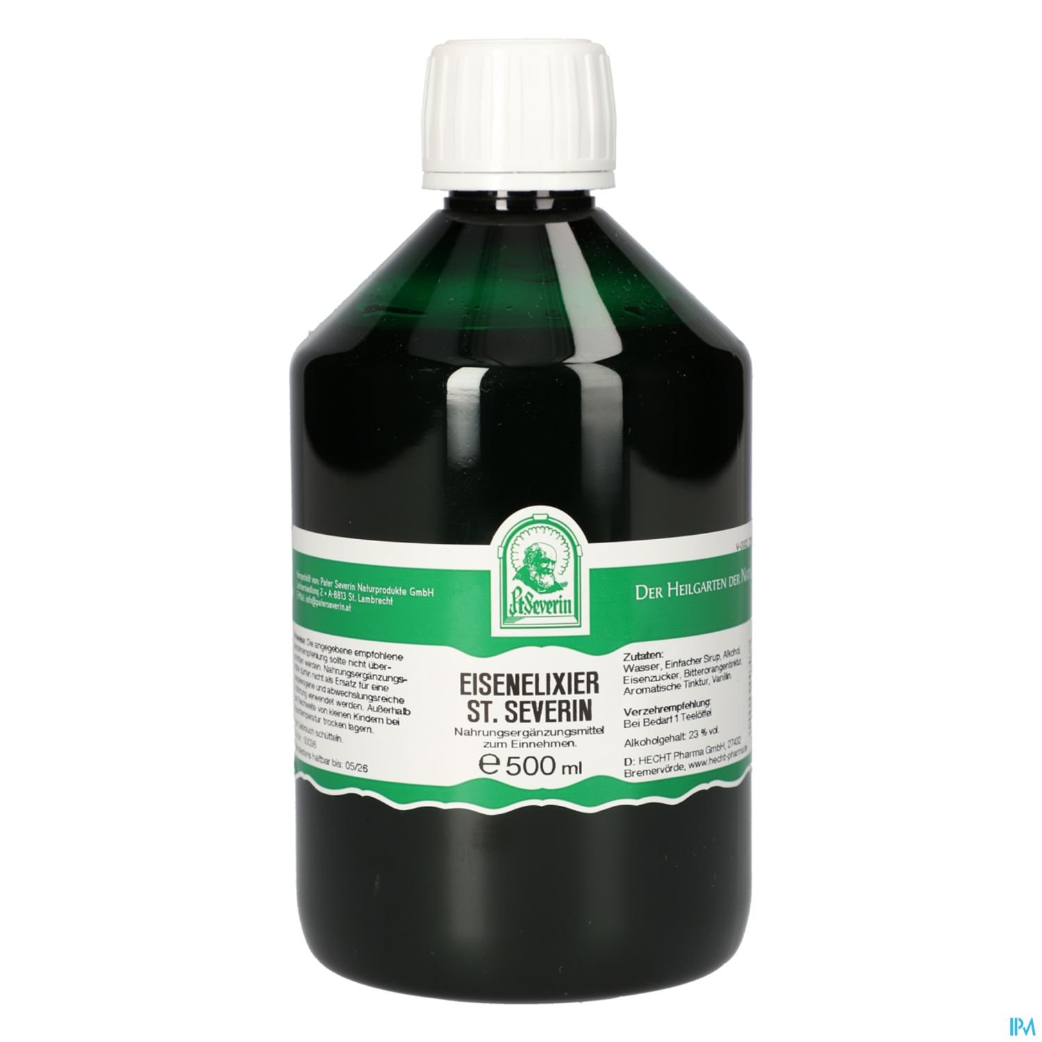 Grüne Flasche mit schwarzem Verschluss und Etikett für Eisenelixier St. Severin, 500 ml.