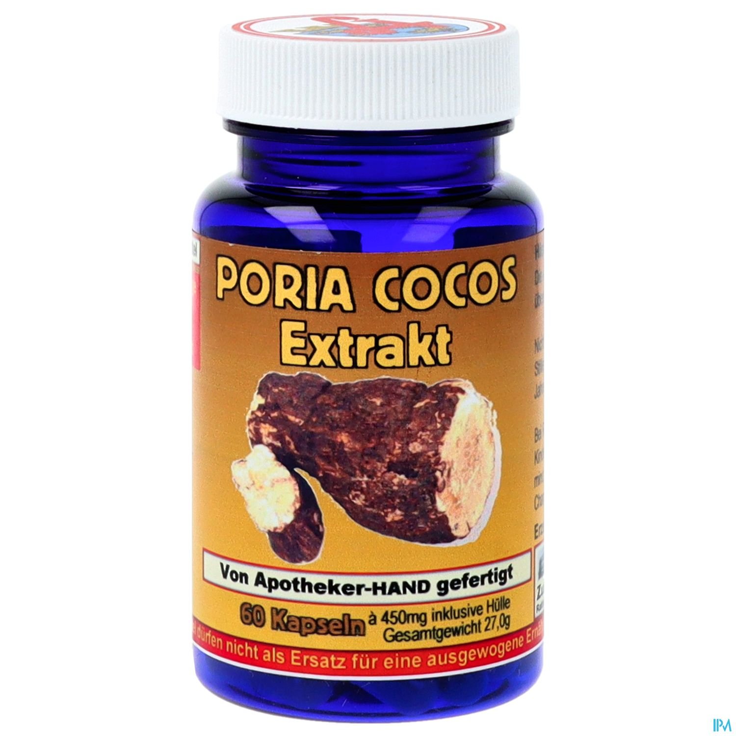 Blaue Flasche mit dem Etikett "Poria Cocos Extrakt", enthält 60 Kapseln, Gesamtgewicht 27 g.