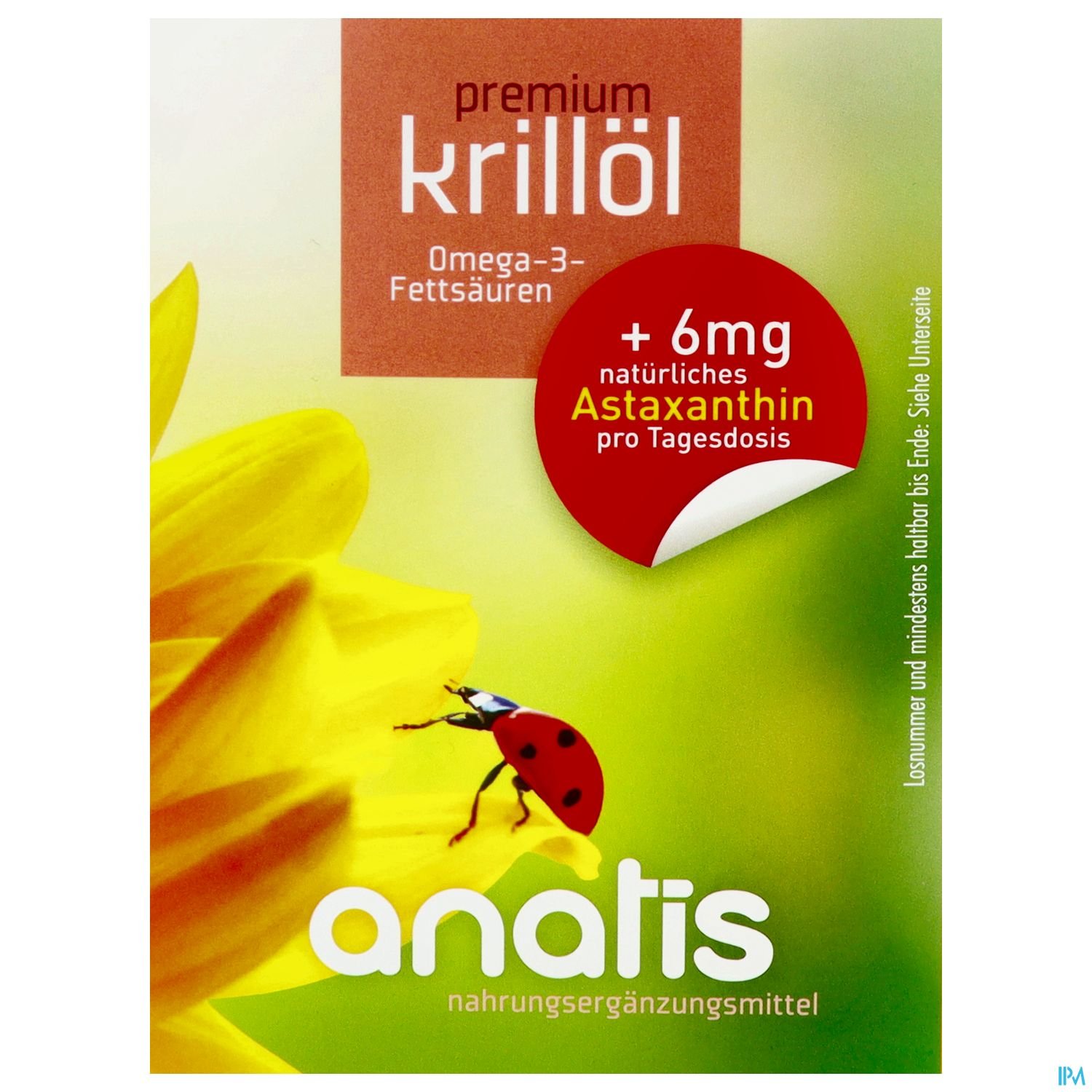 Verpackung des Produkts „premium Krillöl“ der Marke anatis mit einer Blüte und einem Marienkäfer.
