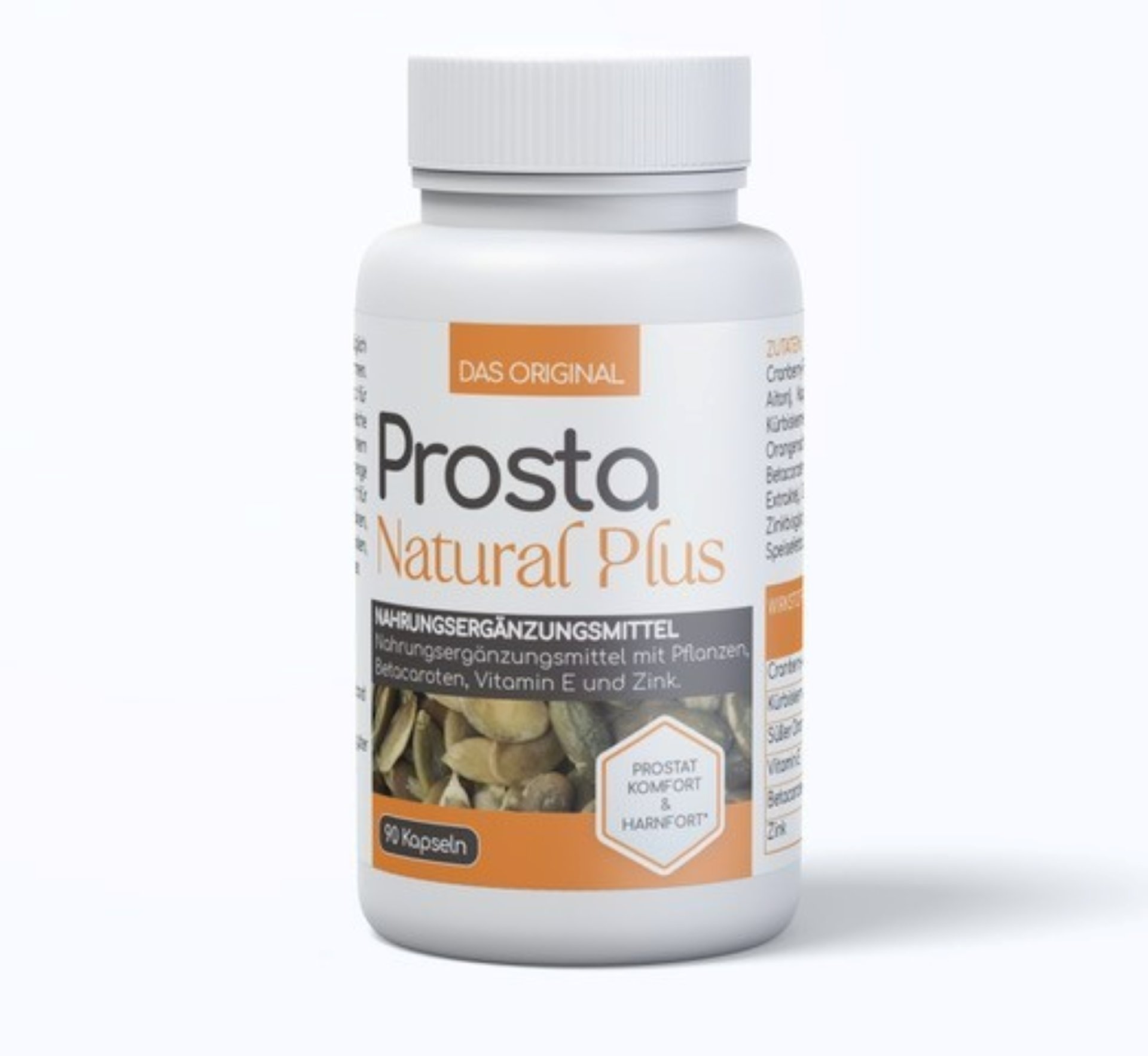 Flasche mit Nahrungsergänzungsmittel "Prosta Natural Plus" für Prostatagesundheit, enthält 90 Kapseln.