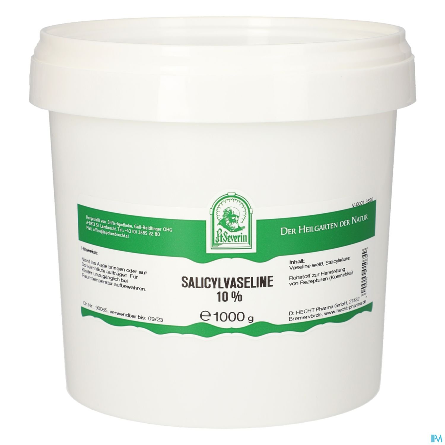 Ein runder, weißer Eimer mit der Aufschrift "Salicylvaseline 10 %", Inhalt 1000 g, von der Marke Dr. Severin.