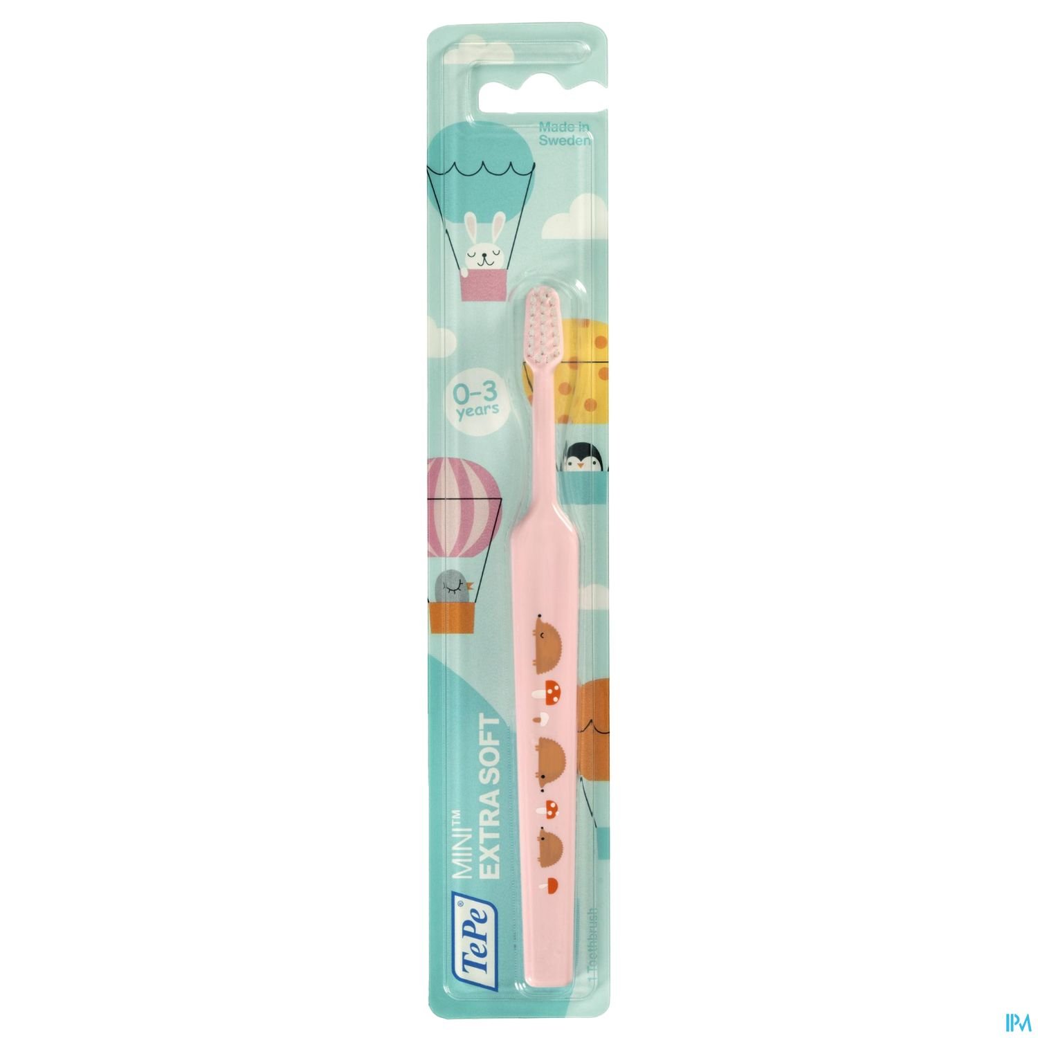 Zahnbürste für Kinder im Alter von 0-3 Jahren, extra weich, in einer Verpackung mit bunten Designs von Luftballons und Tieren.