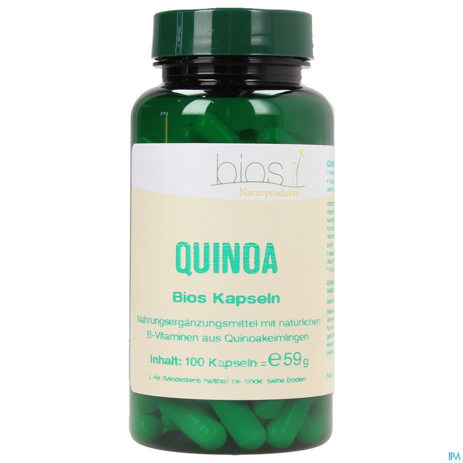 Grüne Quinoa-Kapseln in einer transparenten Flasche mit dem Label "Bios Naturprodukte" und der Aufschrift "QUINOA Bios Kapseln".