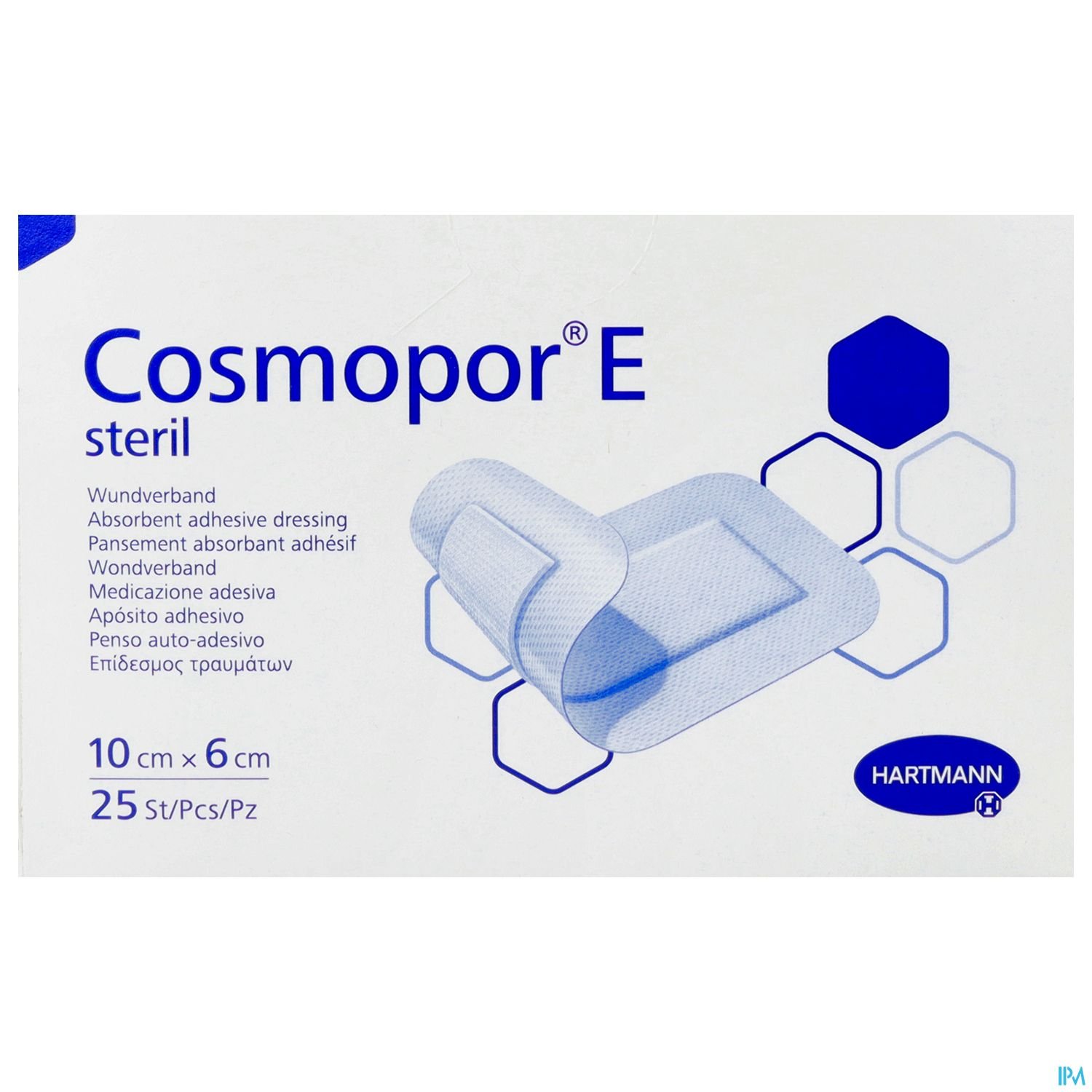 Verpackung eines sterilen Wundverbands "Cosmopor E" von Hartmann, mit den Maßen 10 cm x 6 cm und Hinweisen zur Stückanzahl.