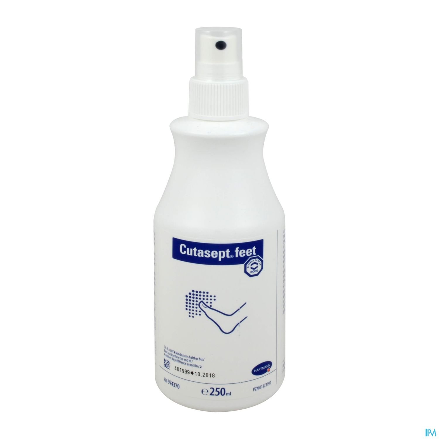 Weiße Sprühflasche mit Aufschrift "Cutasept.feet", 250 ml.