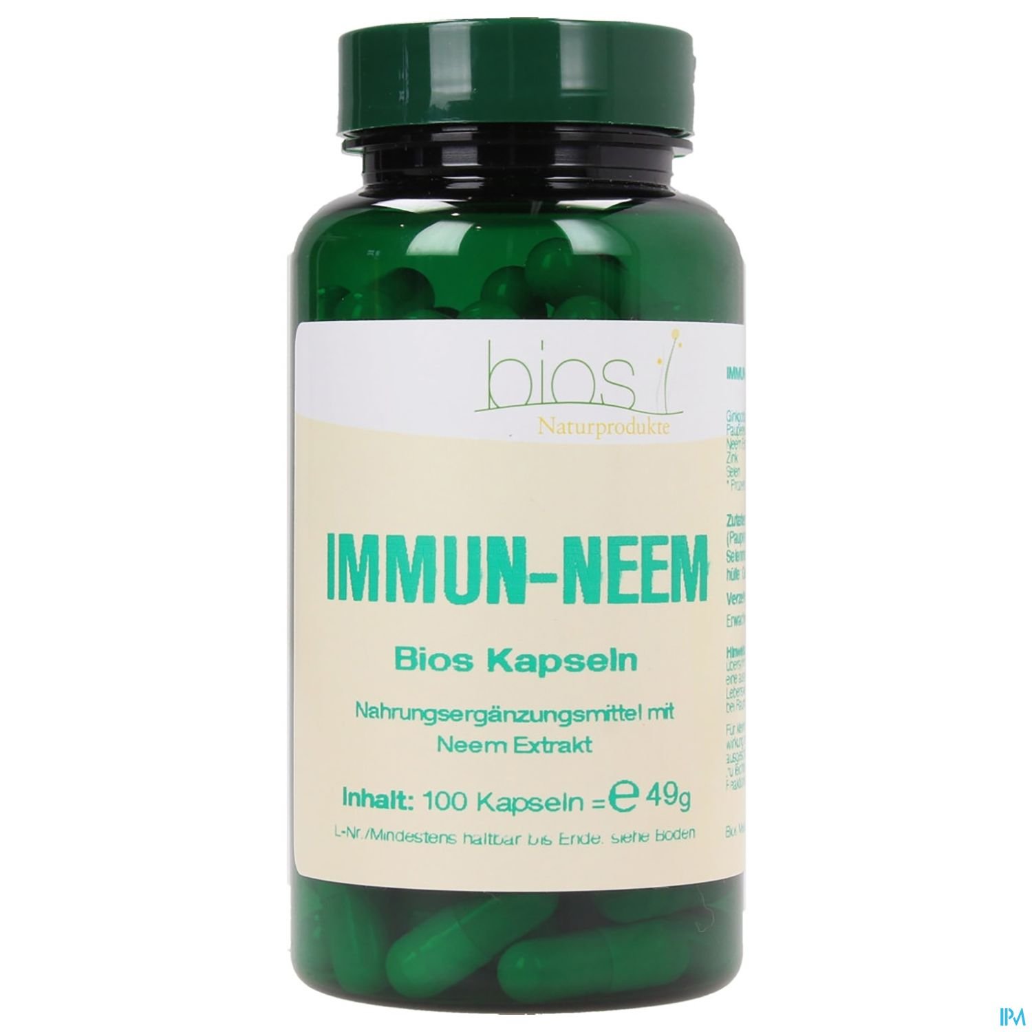 Grüne Kapsel-Flasche mit der Aufschrift "IMMUN-NEEM", die Nahrungsergänzungsmittel mit Neem-Extrakt enthält.