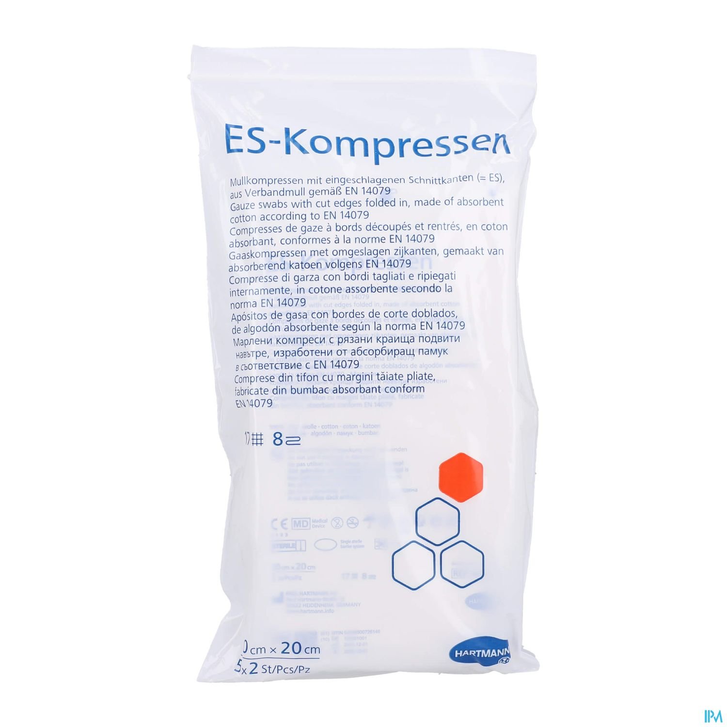 Verpackung mit ES-Kompressen, Größe 10 cm x 20 cm, für die Aufnahme von Flüssigkeiten, mit Hinweis auf die Norm EN 14079.