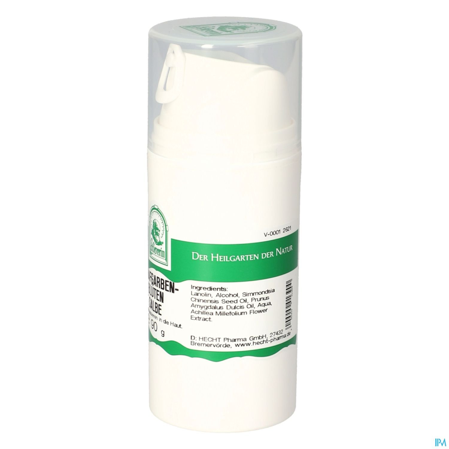 Weißer Pumpspender mit grünem Etikett und der Aufschrift „Der Heilgarten der Natur“. Zutaten sind aufgeführt.